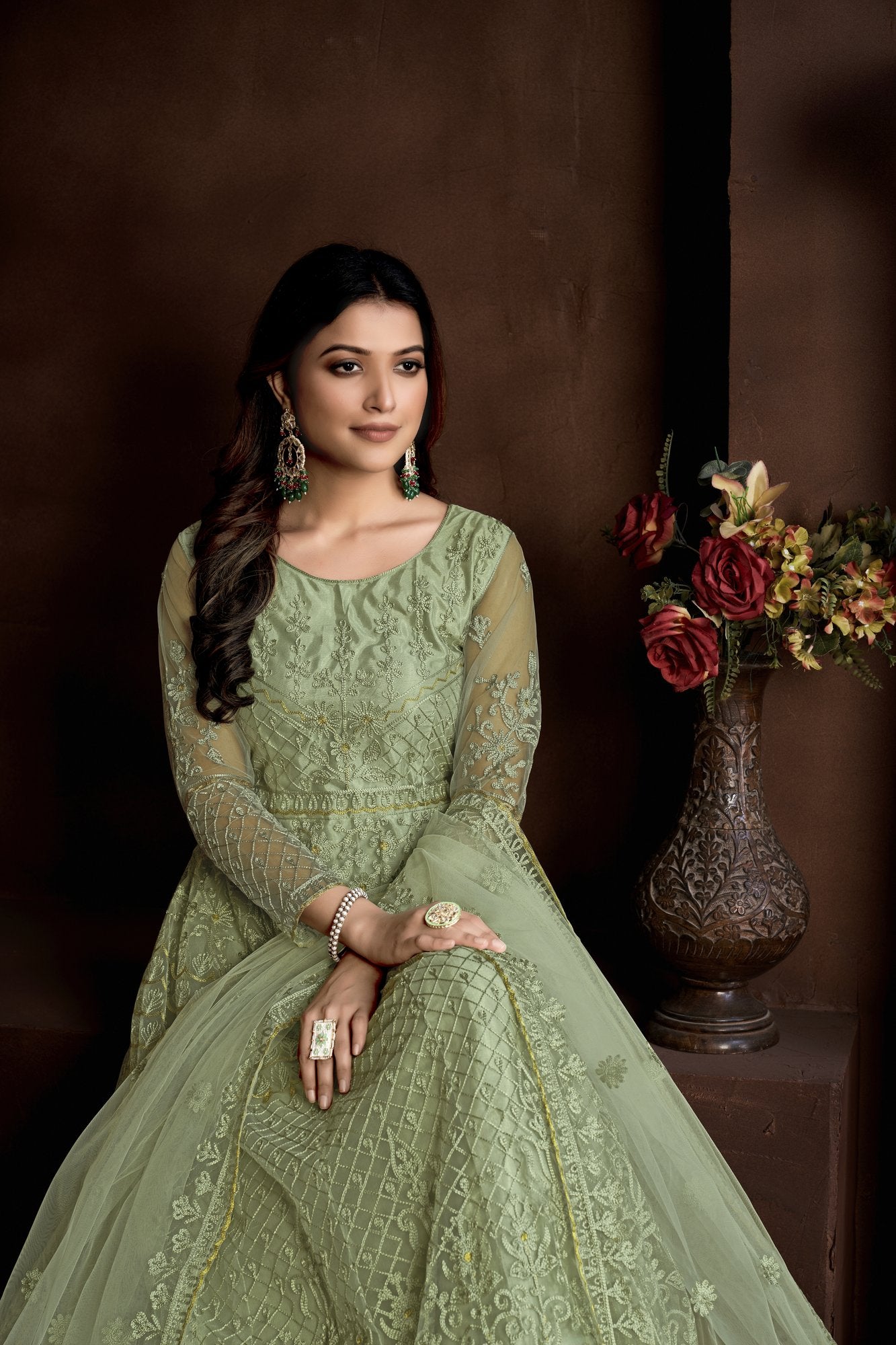 Green Net Anarkali Suit