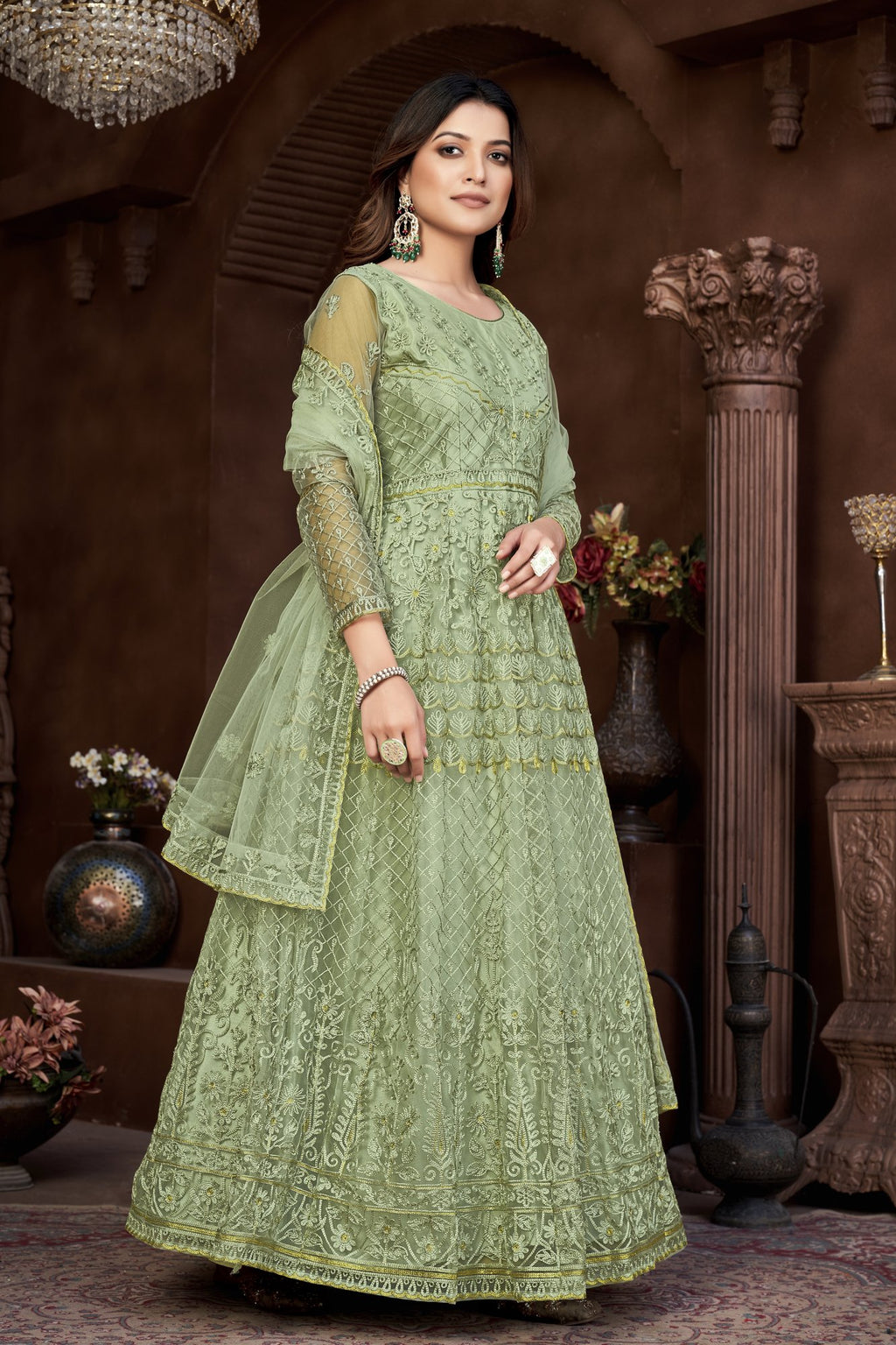 Green Net Anarkali Suit