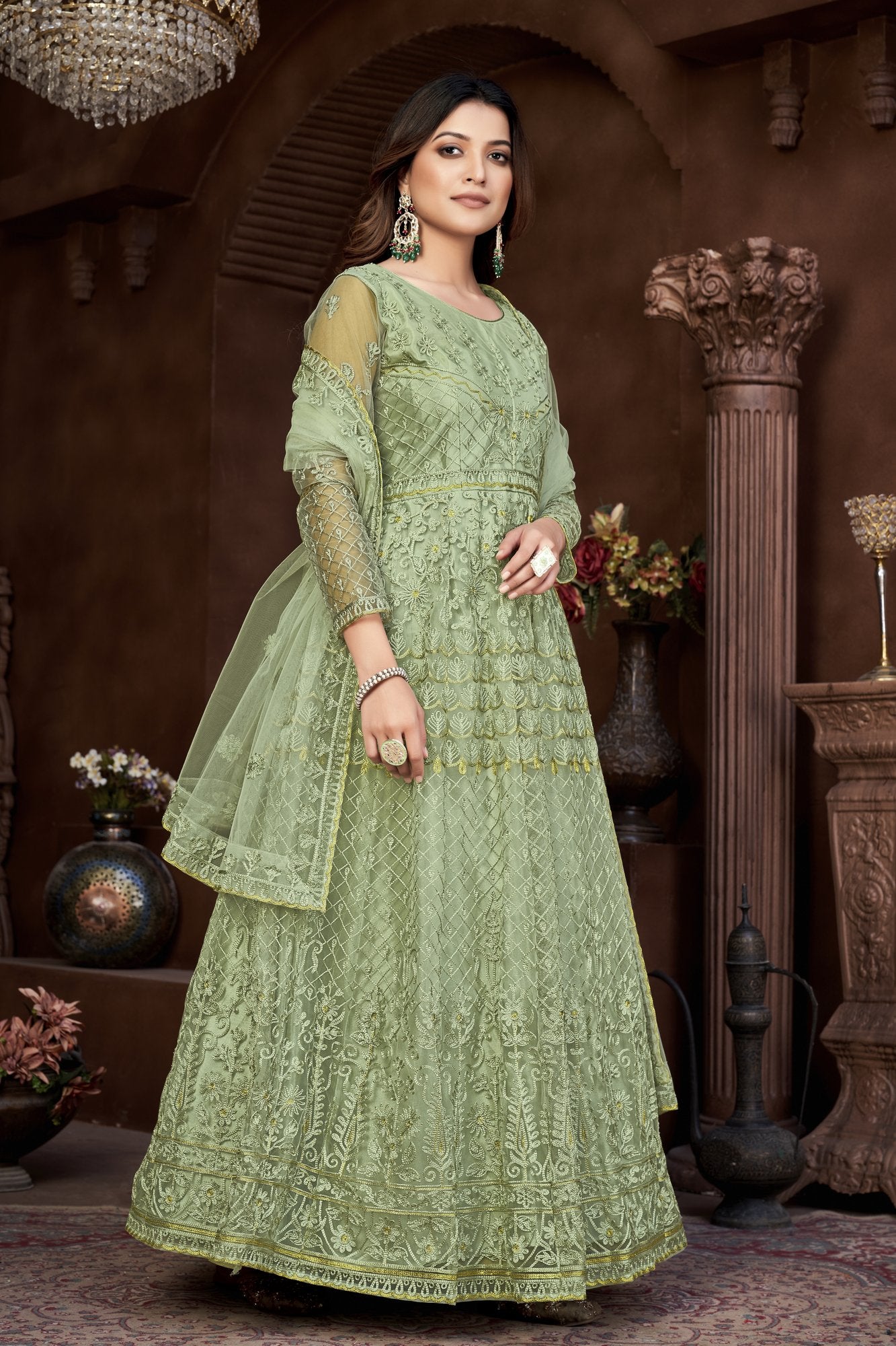 Green Net Anarkali Suit