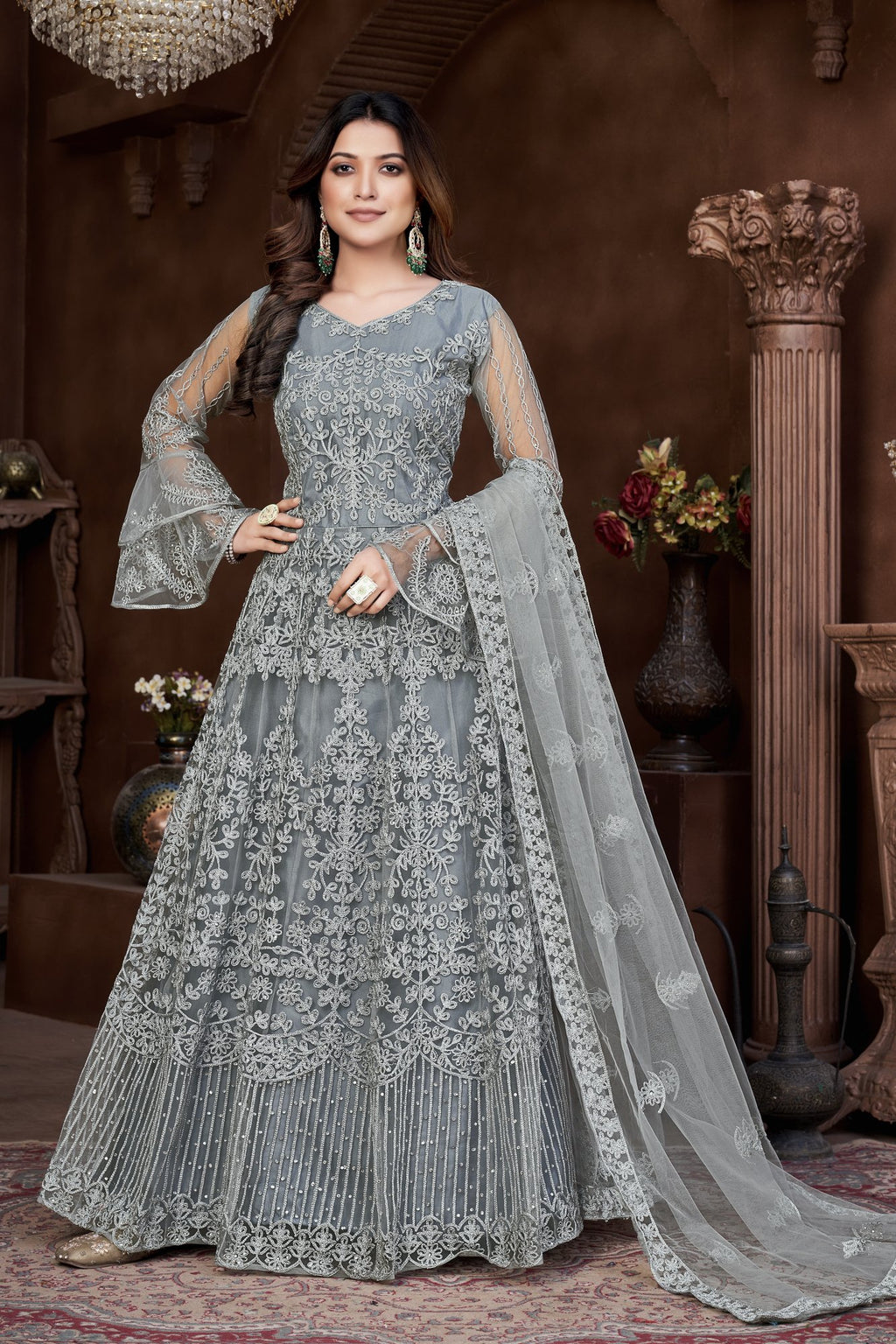 Grey Net Anarkali Suit