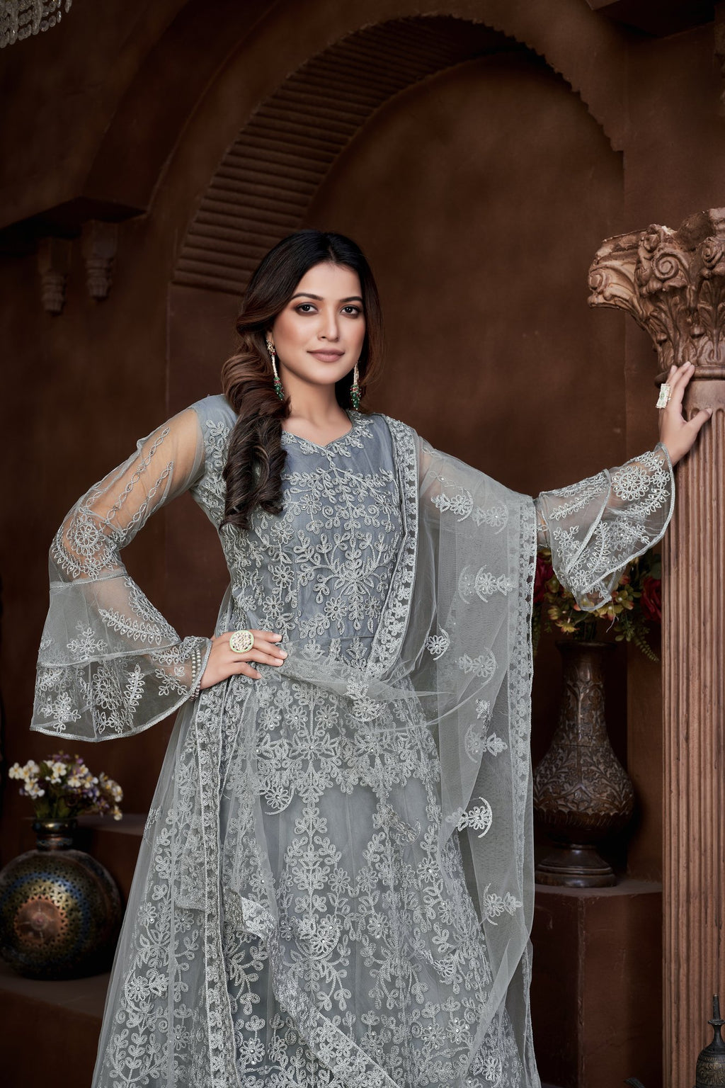 Grey Net Anarkali Suit