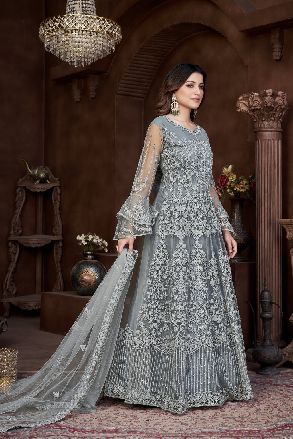 Grey Net Anarkali Suit