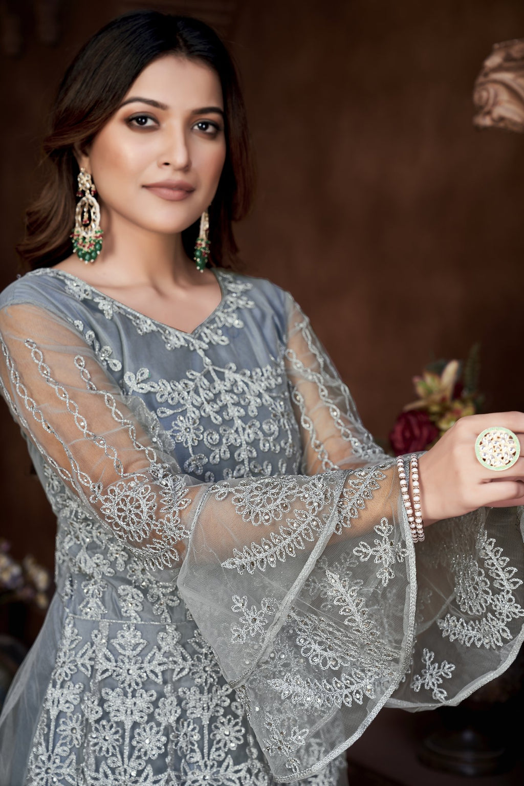 Grey Net Anarkali Suit