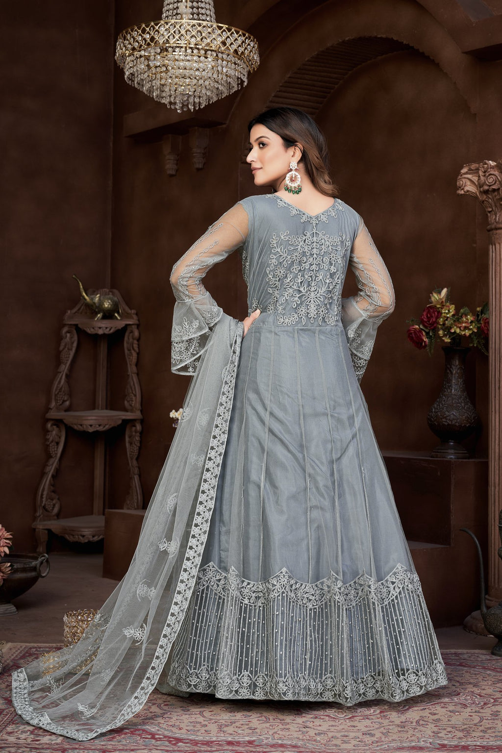 Grey Net Anarkali Suit
