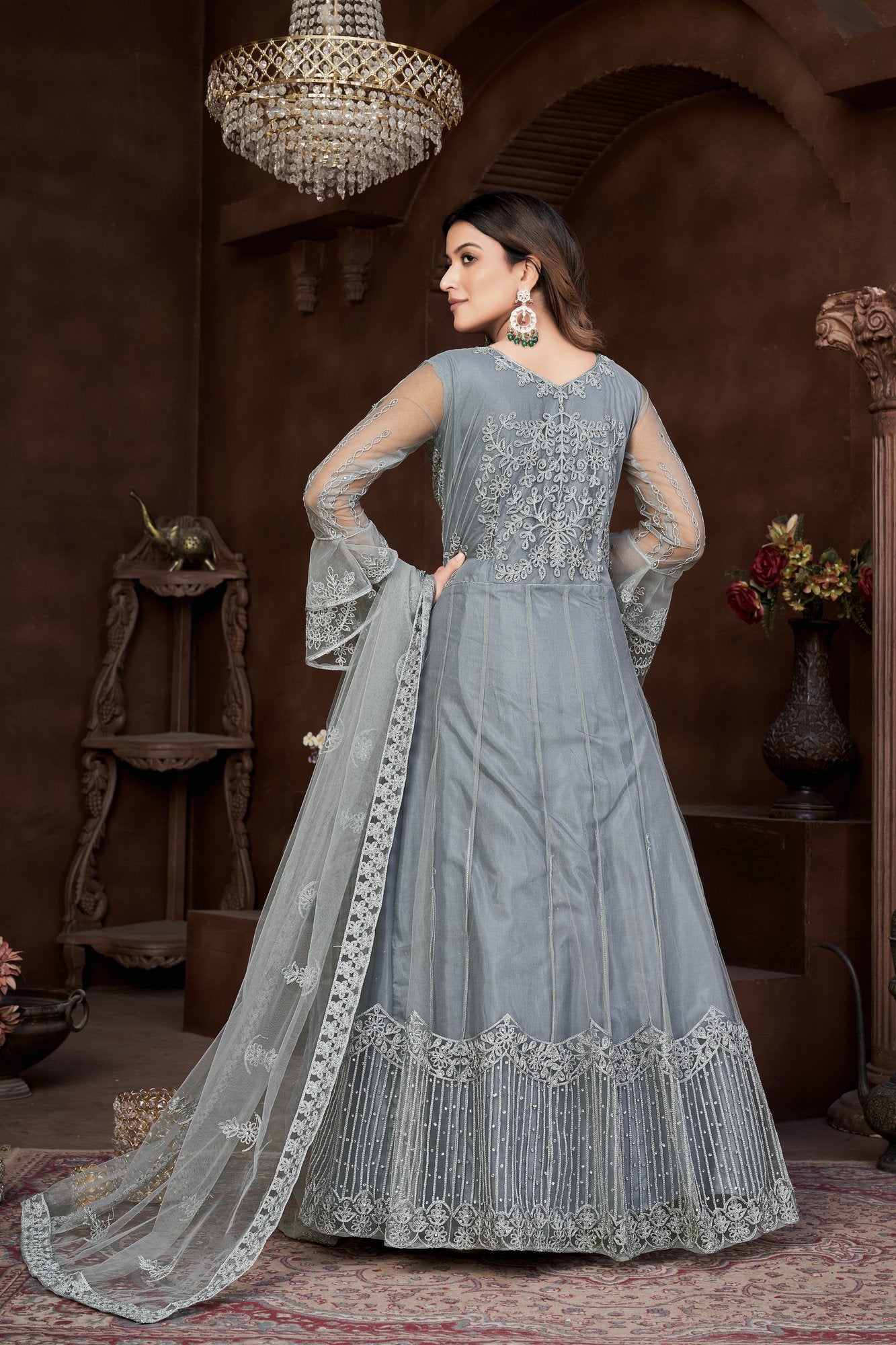 Grey Net Anarkali Suit
