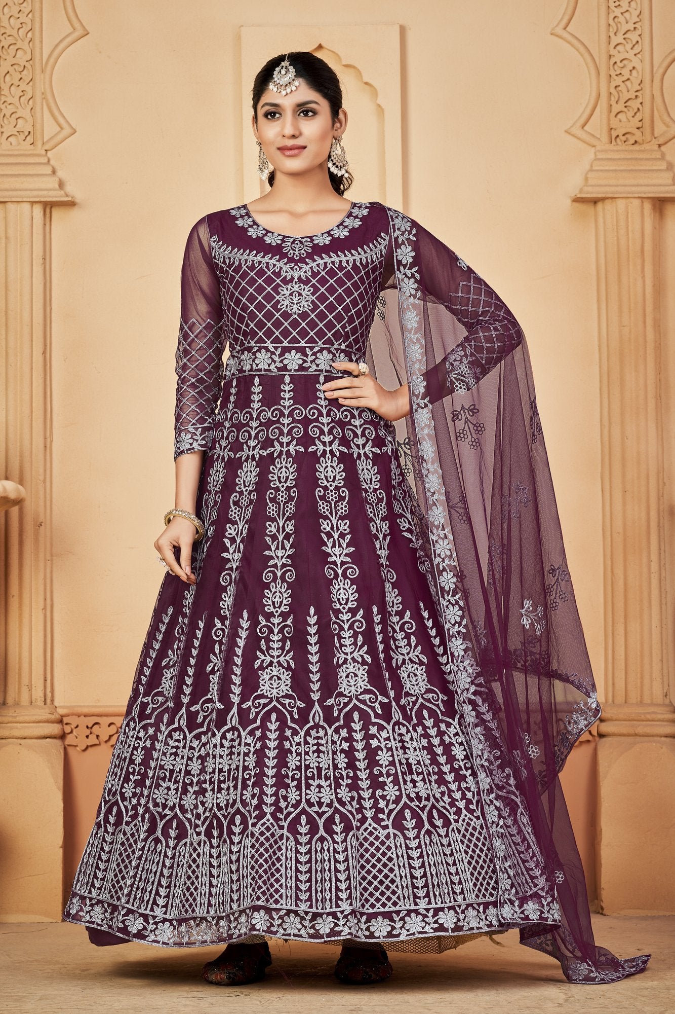 Purple Net Anarkali Suit