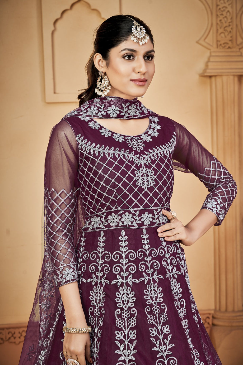 Purple Net Anarkali Suit