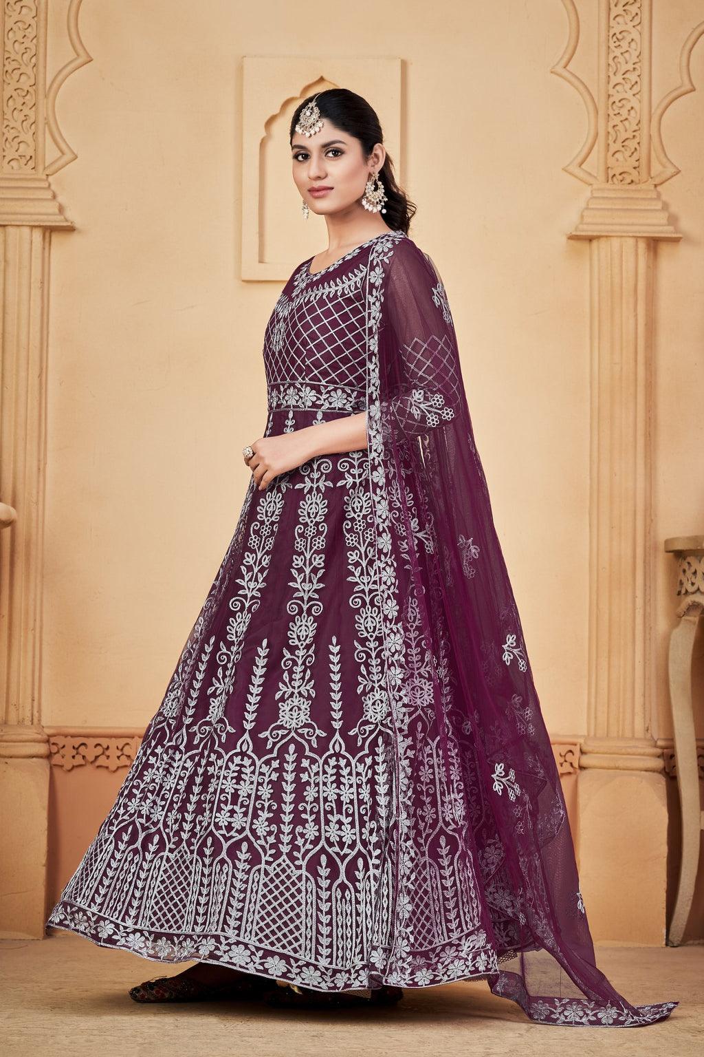 Purple Net Anarkali Suit