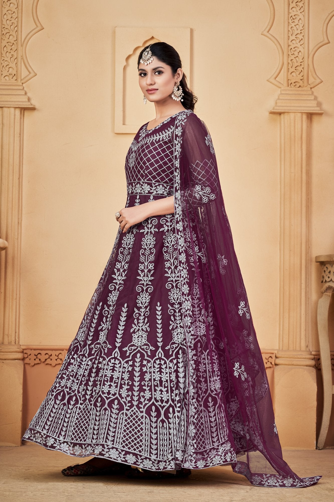 Purple Net Anarkali Suit