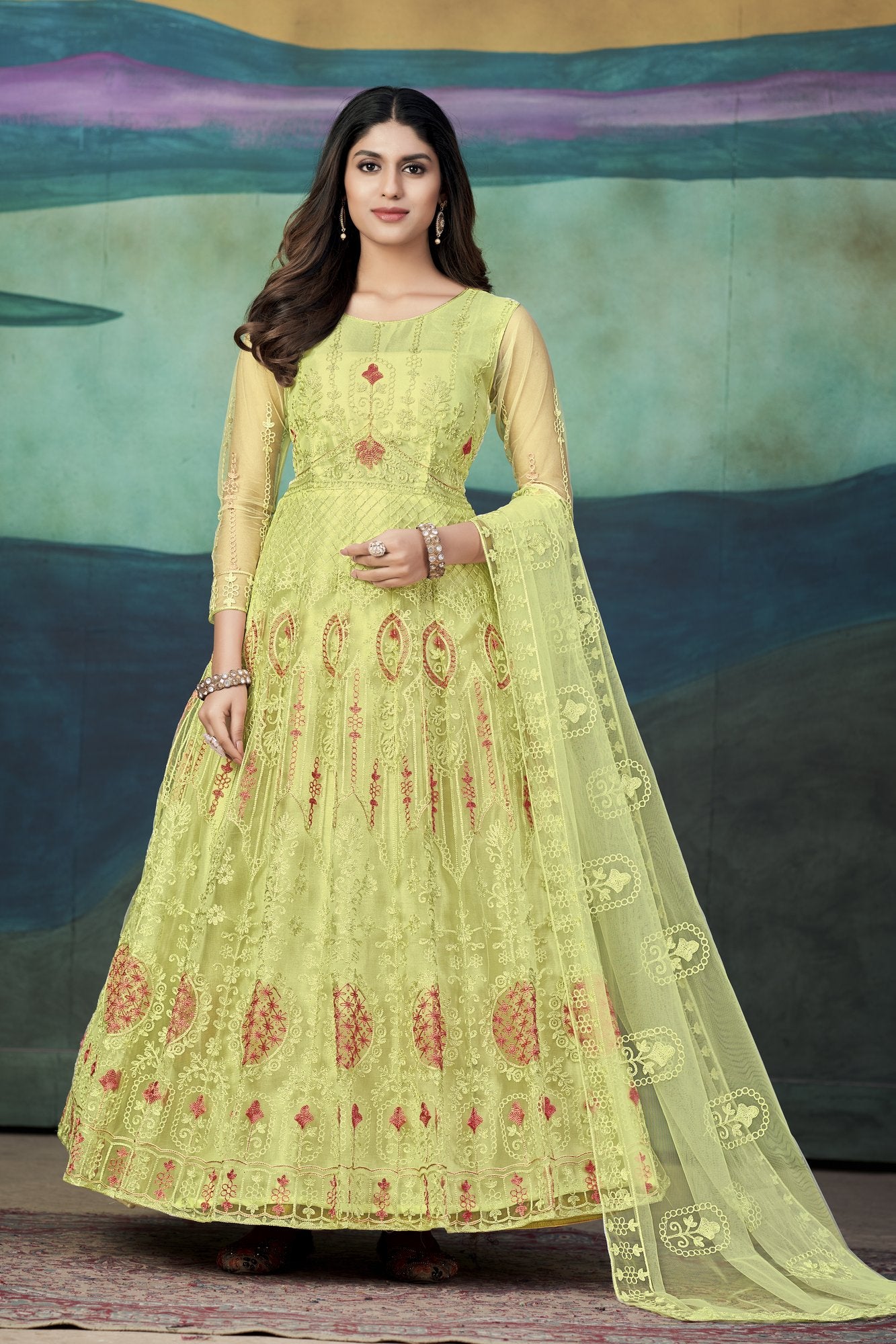 Yellow Net Anarkali Suit