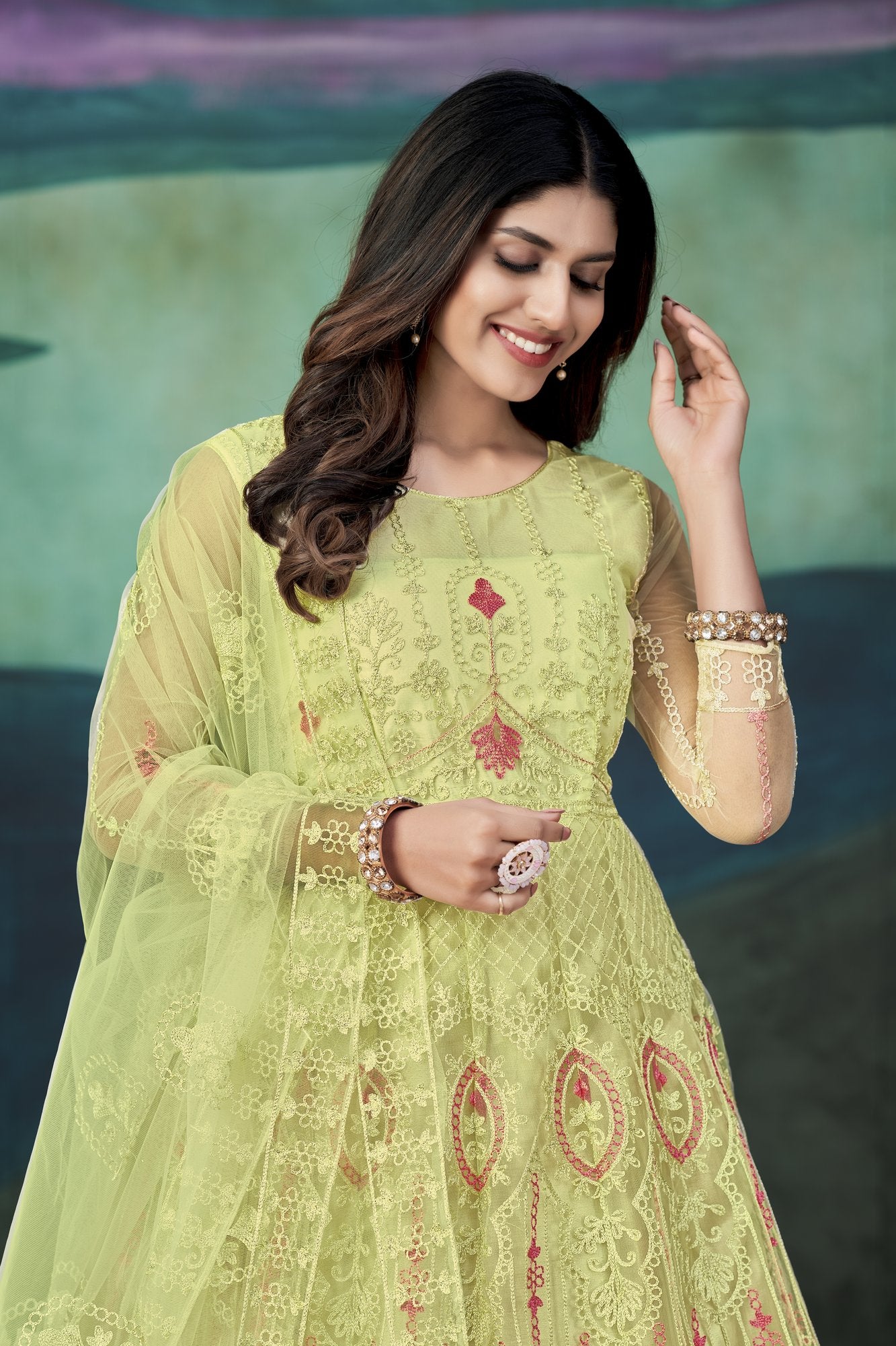 Yellow Net Anarkali Suit