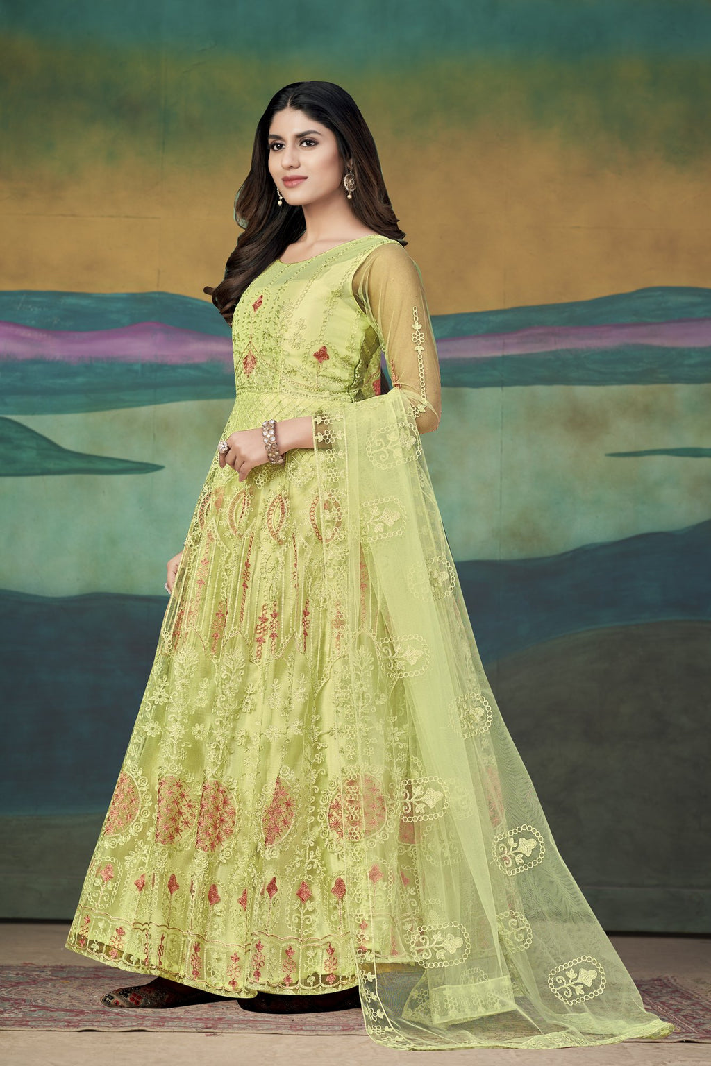 Yellow Net Anarkali Suit