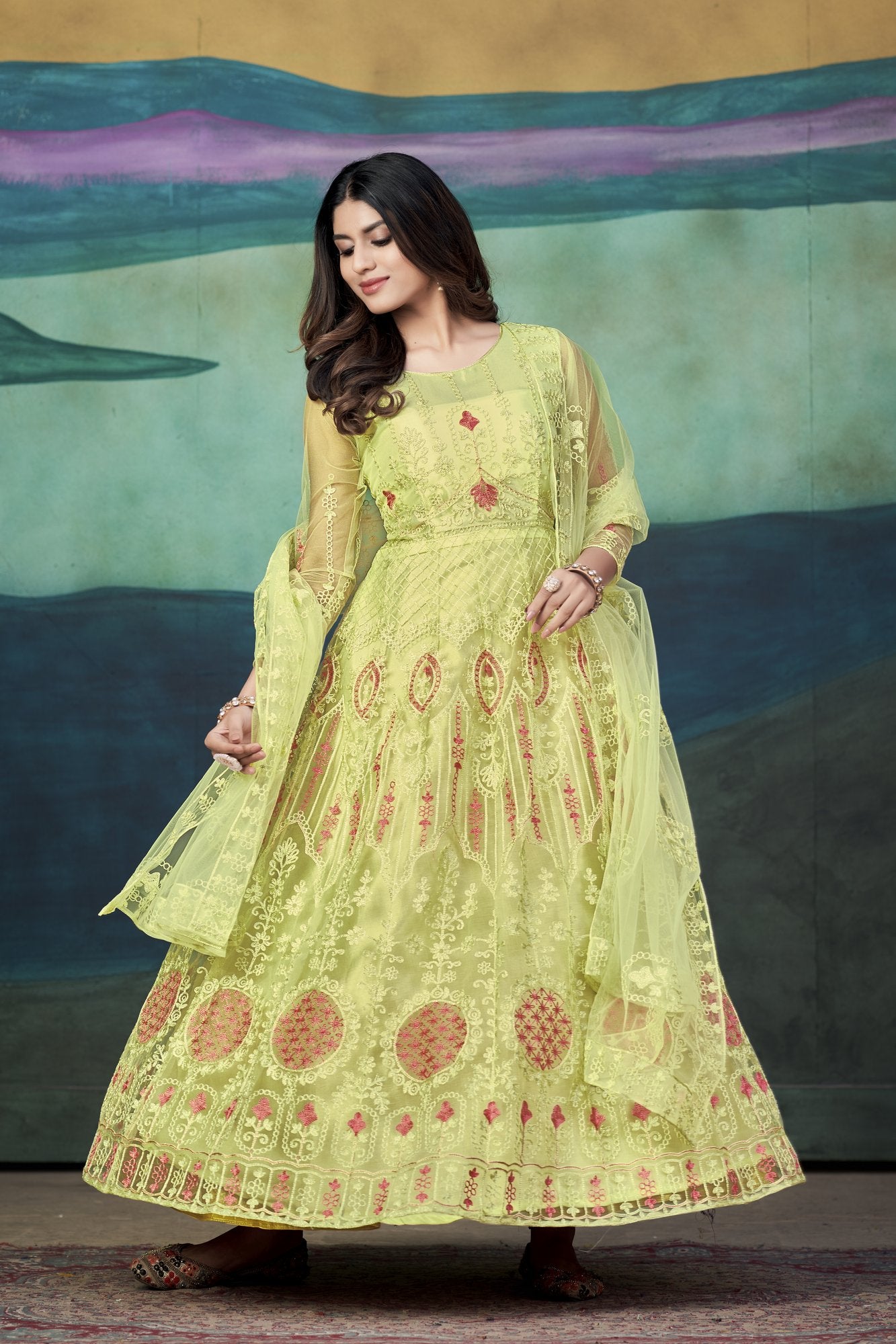 Yellow Net Anarkali Suit