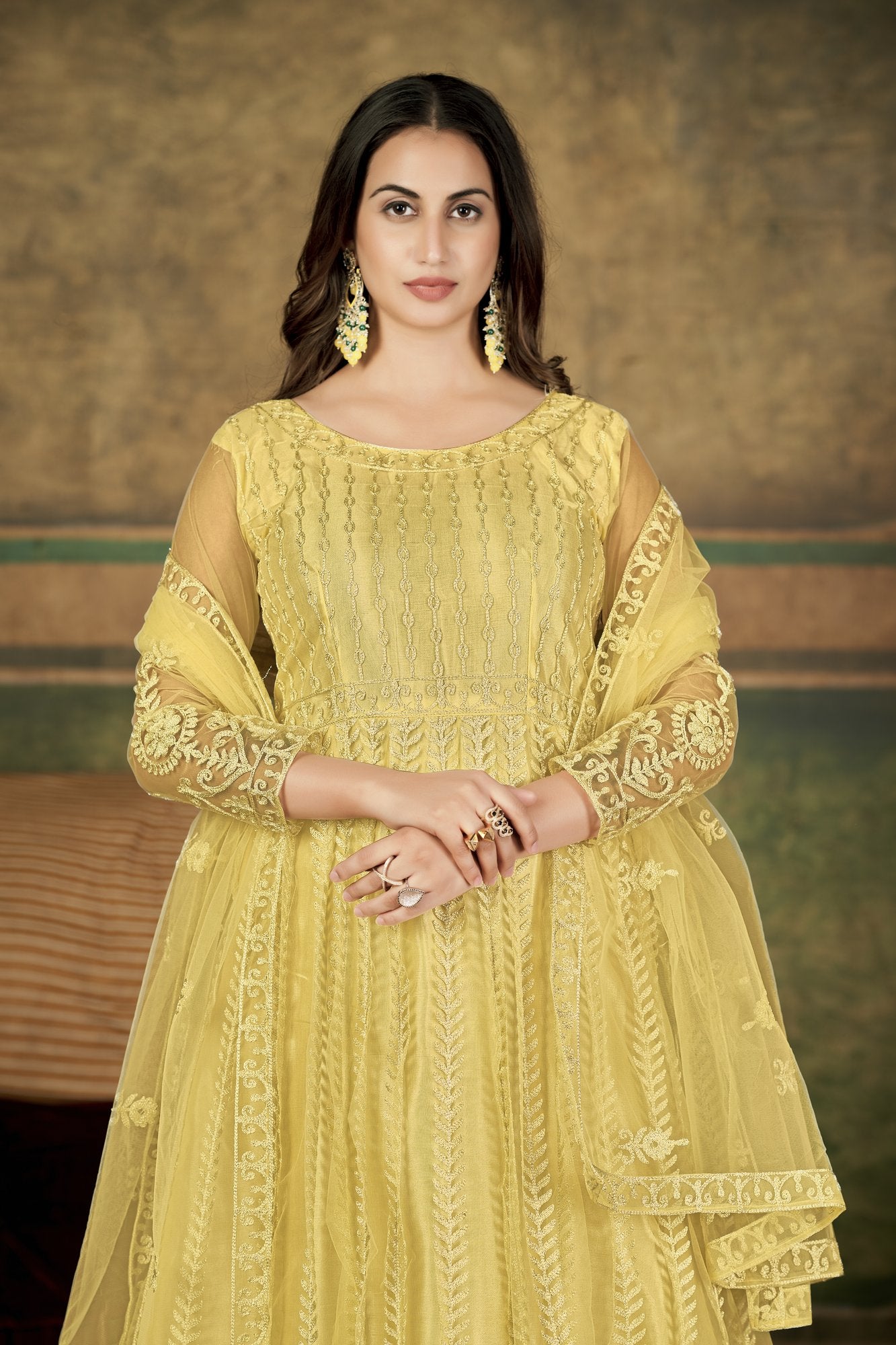Cream Net Anarkali Suit