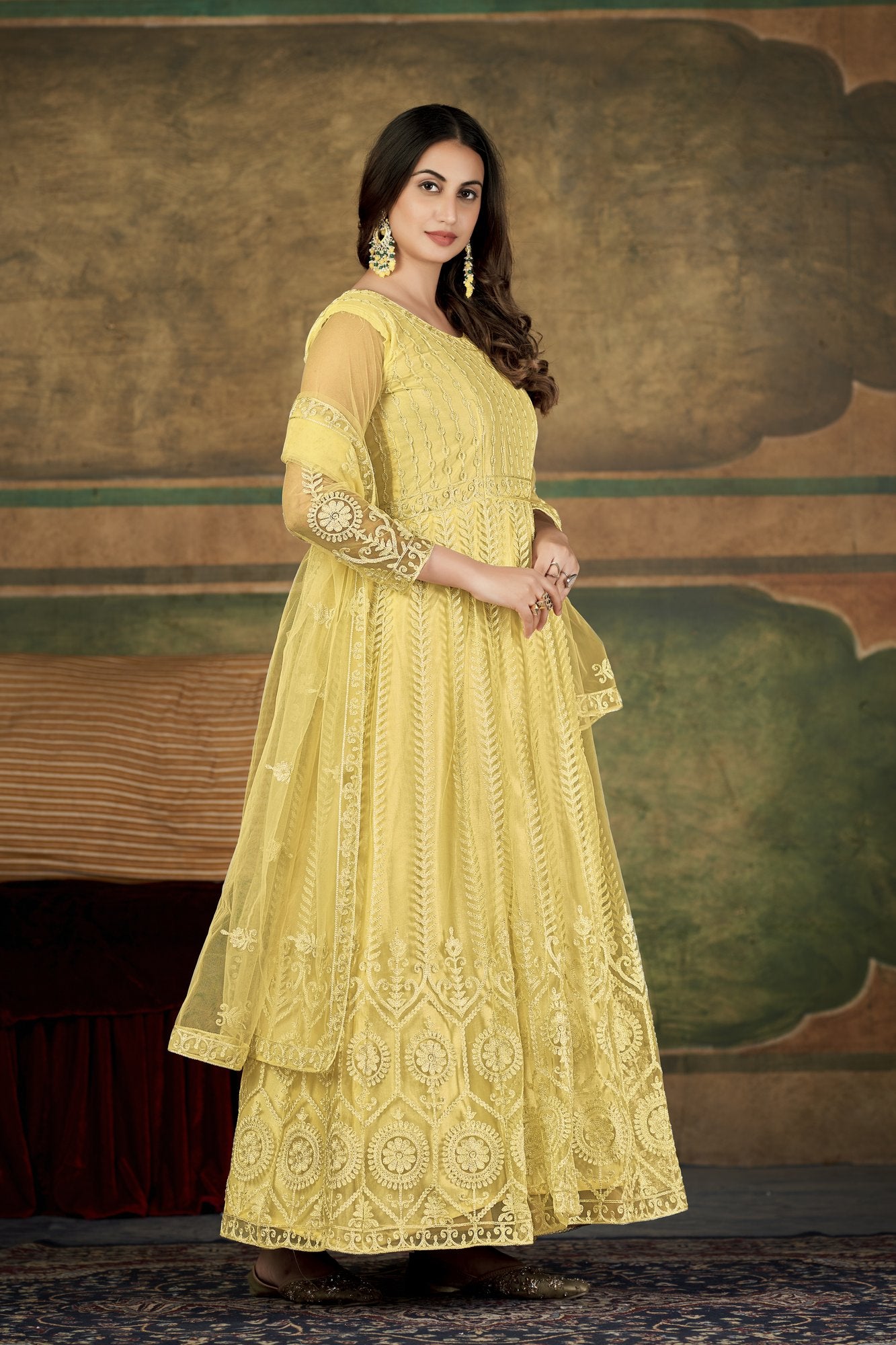 Cream Net Anarkali Suit
