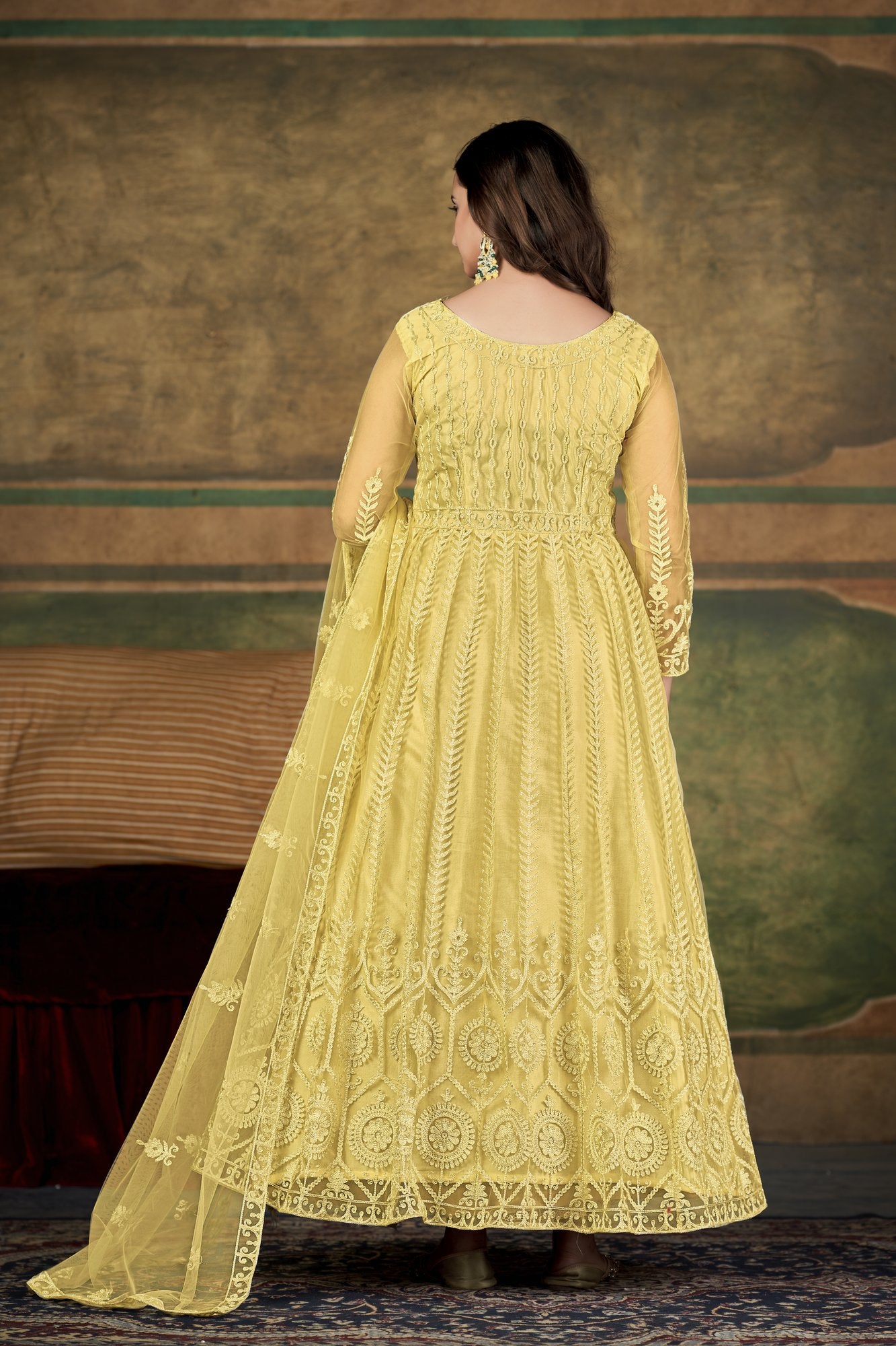 Cream Net Anarkali Suit