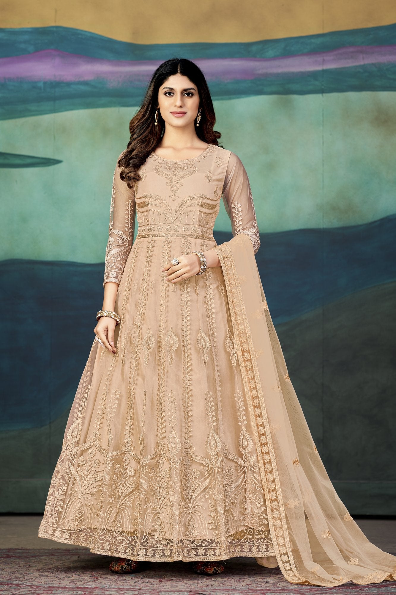 Peach Net Anarkali Suit