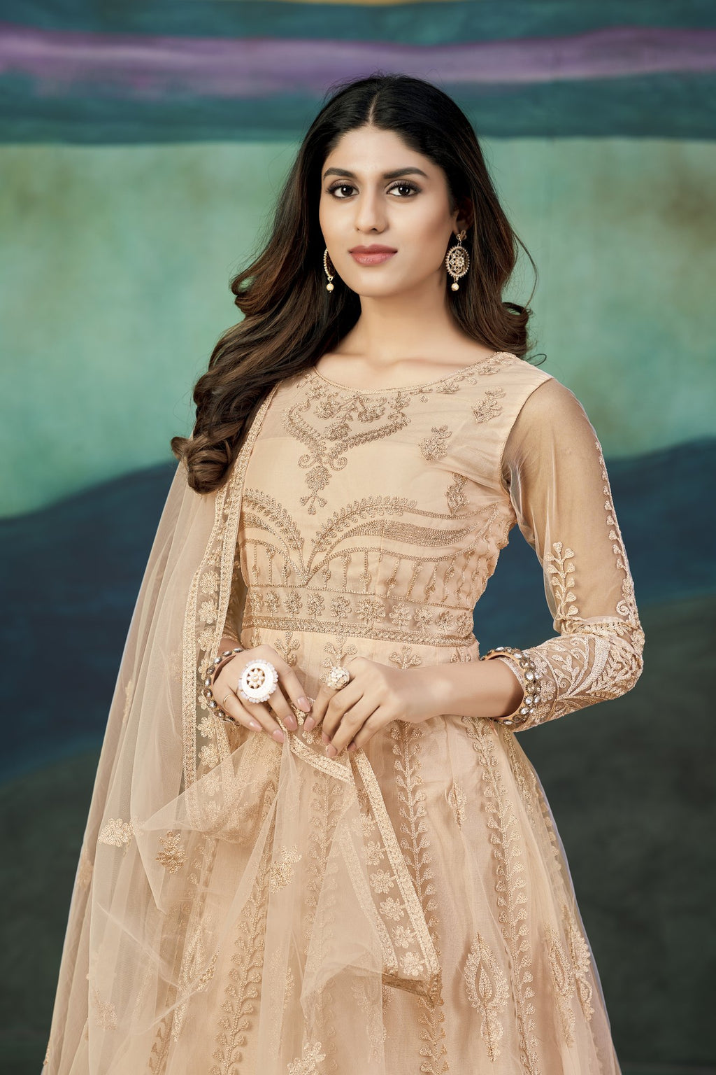 Peach Net Anarkali Suit