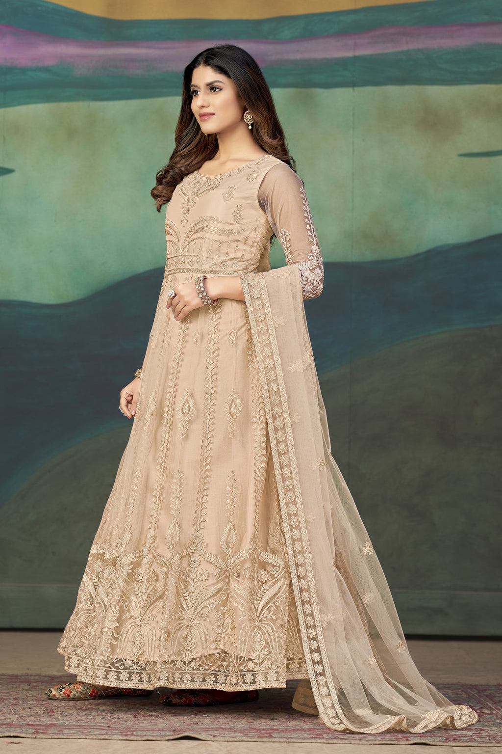 Peach Net Anarkali Suit