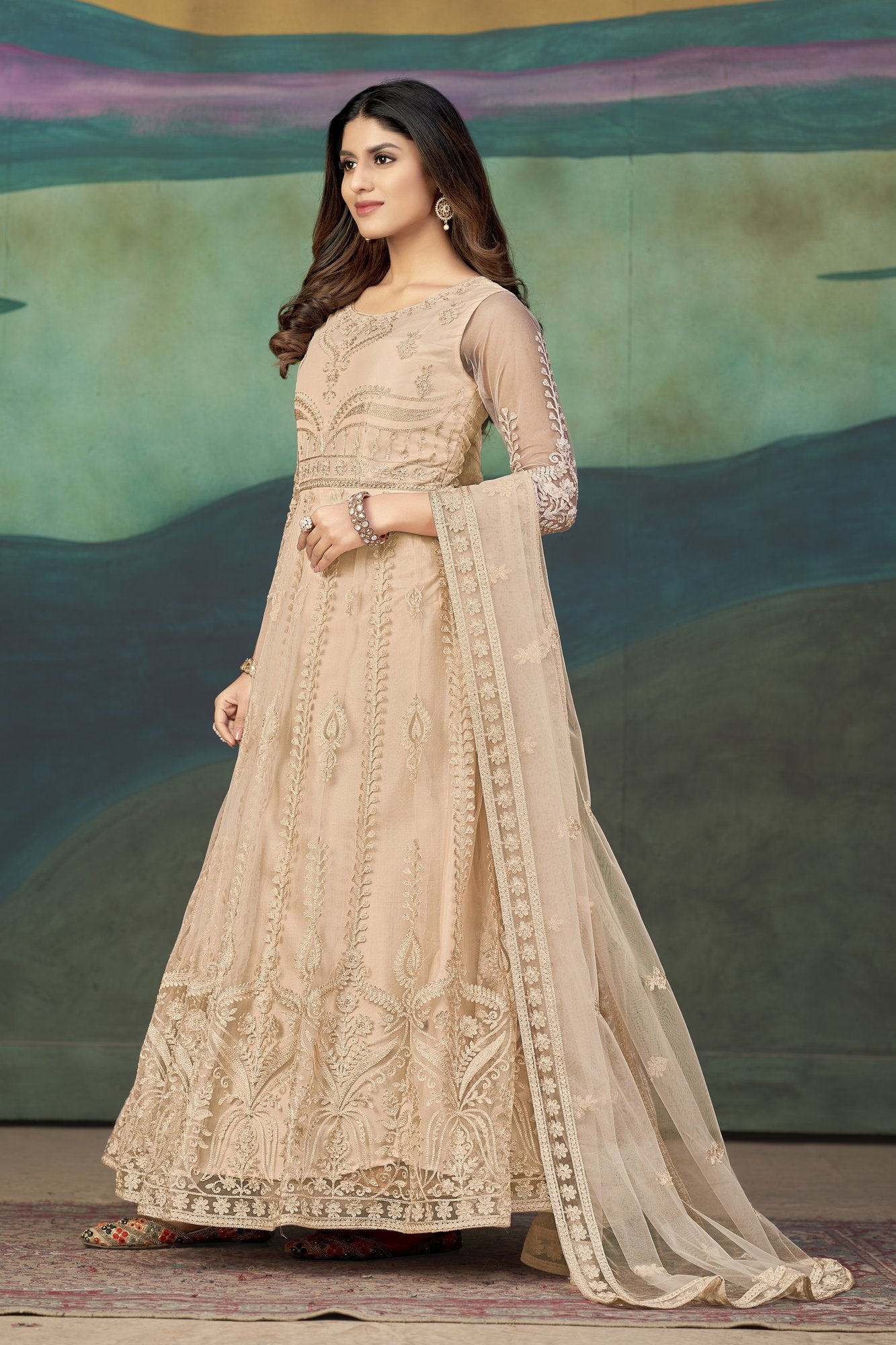 Peach Net Anarkali Suit