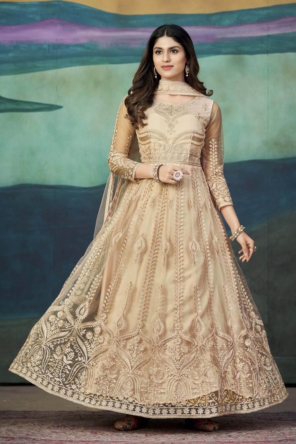 Peach Net Anarkali Suit
