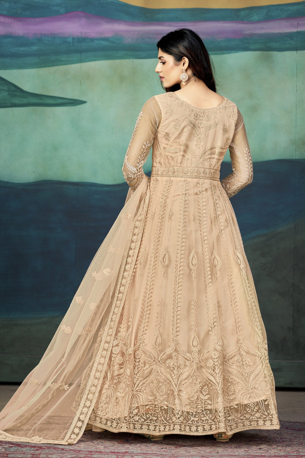 Peach Net Anarkali Suit