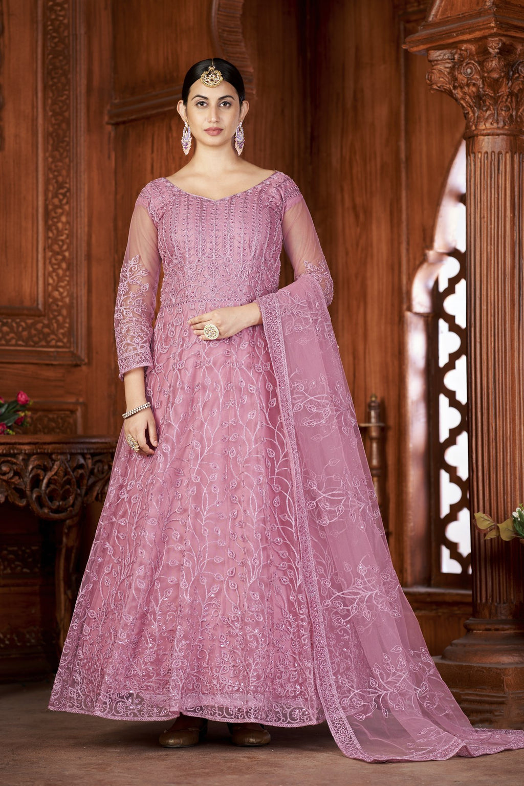 Pink Net Anarkali Suit