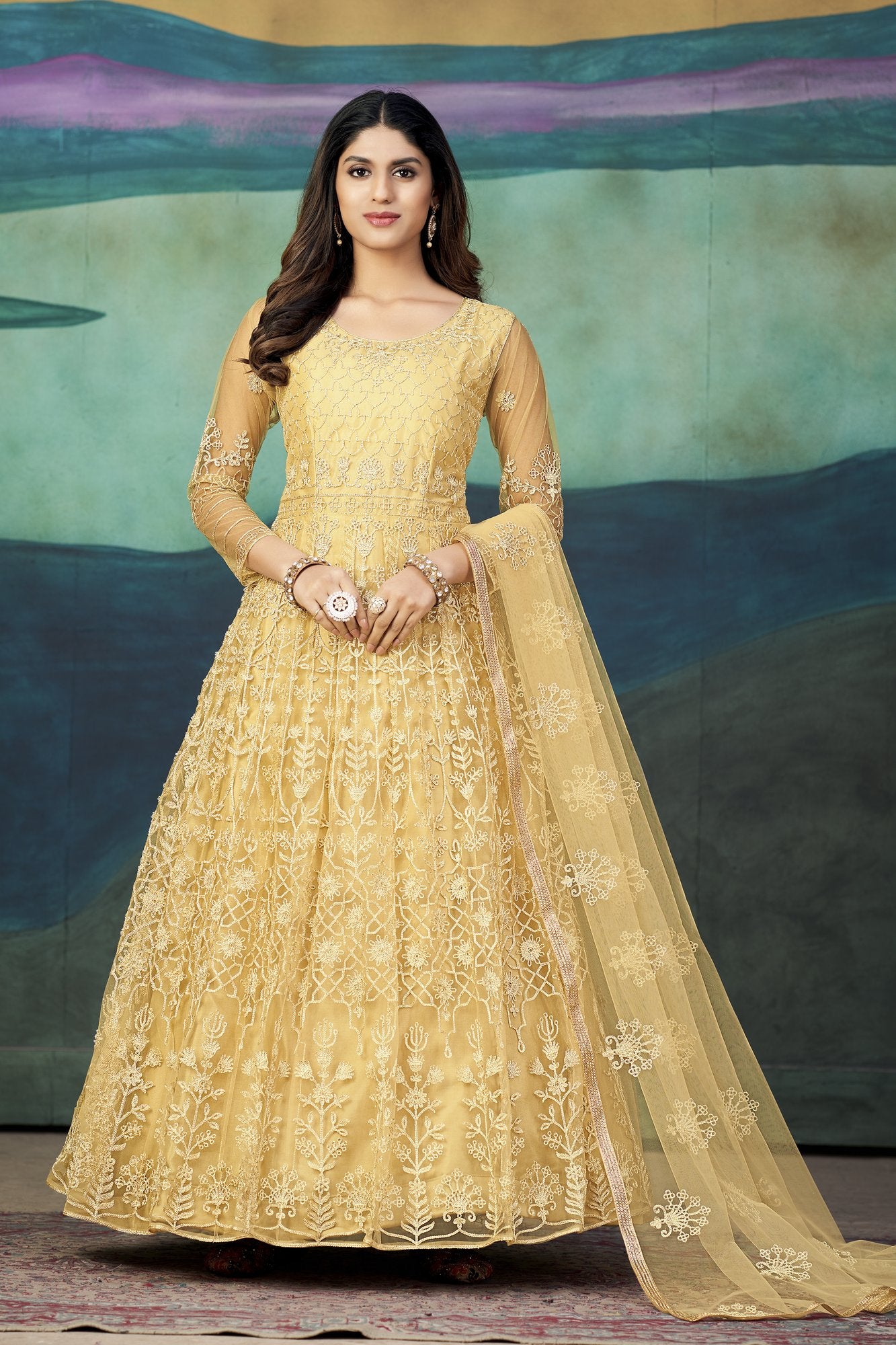 Cream Net Anarkali Suit