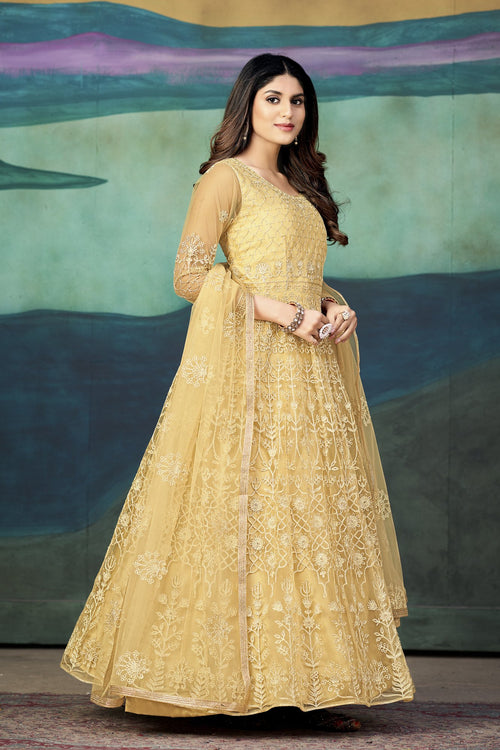 Cream Net Anarkali Suit