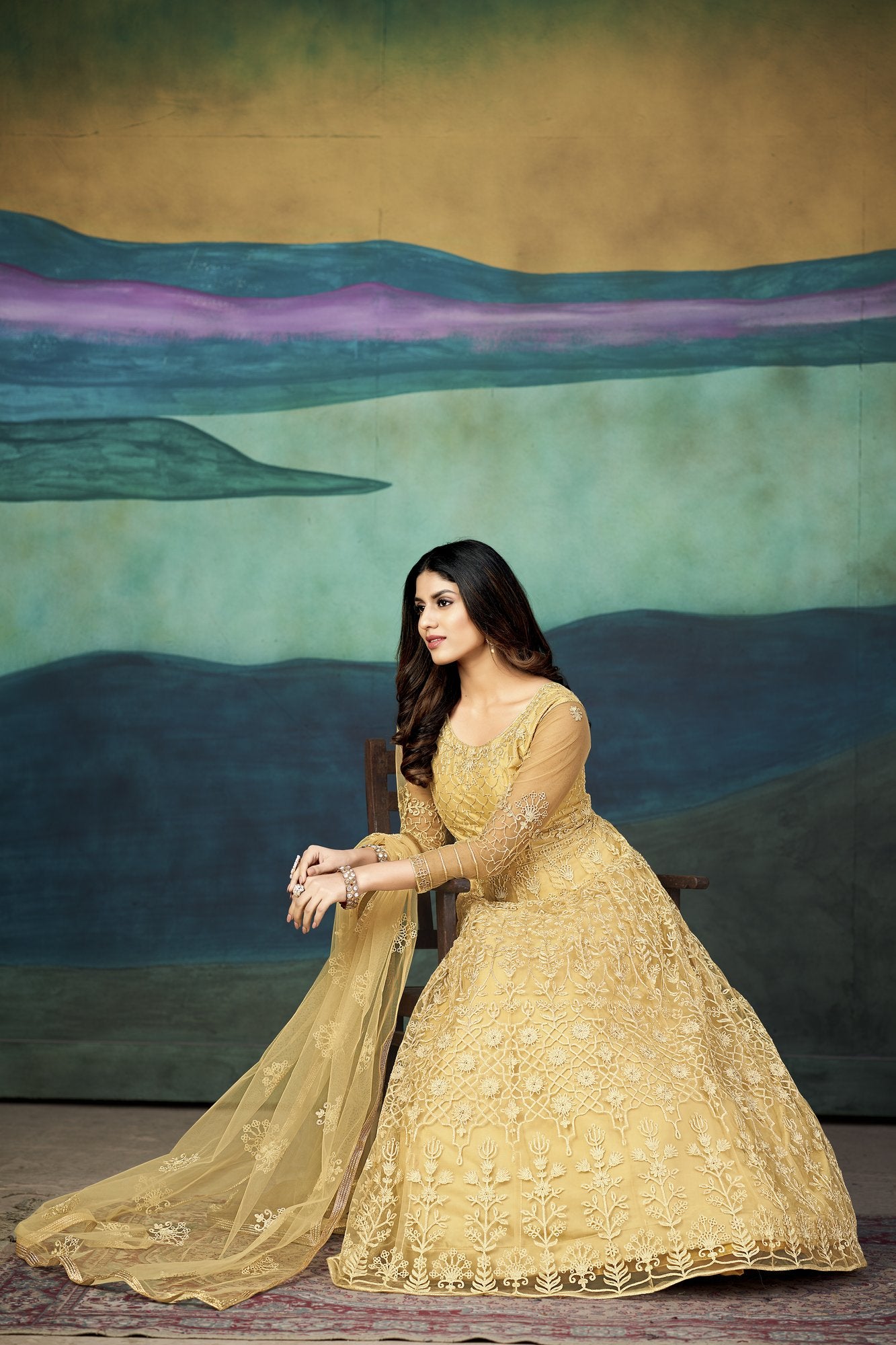Cream Net Anarkali Suit