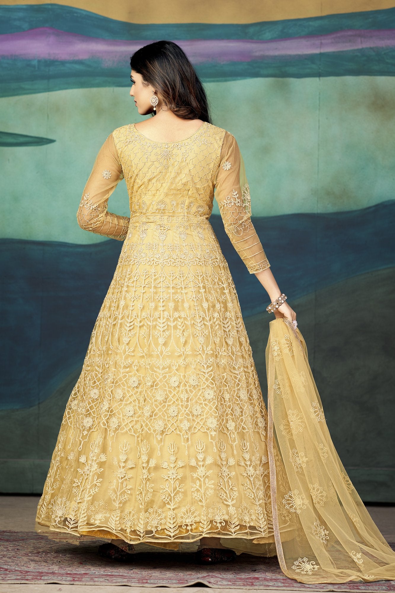 Cream Net Anarkali Suit