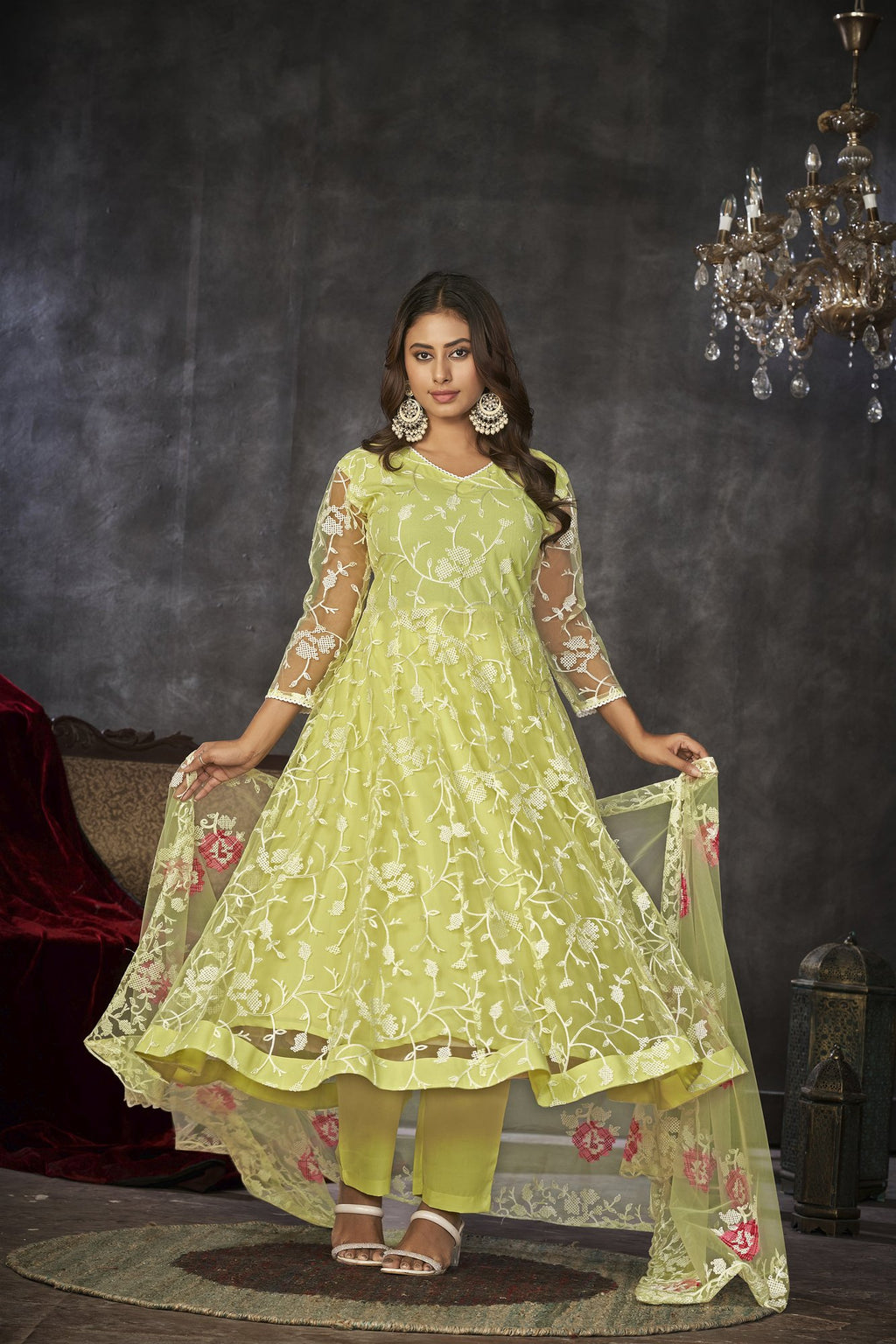 Yellow Net Anarkali Suit