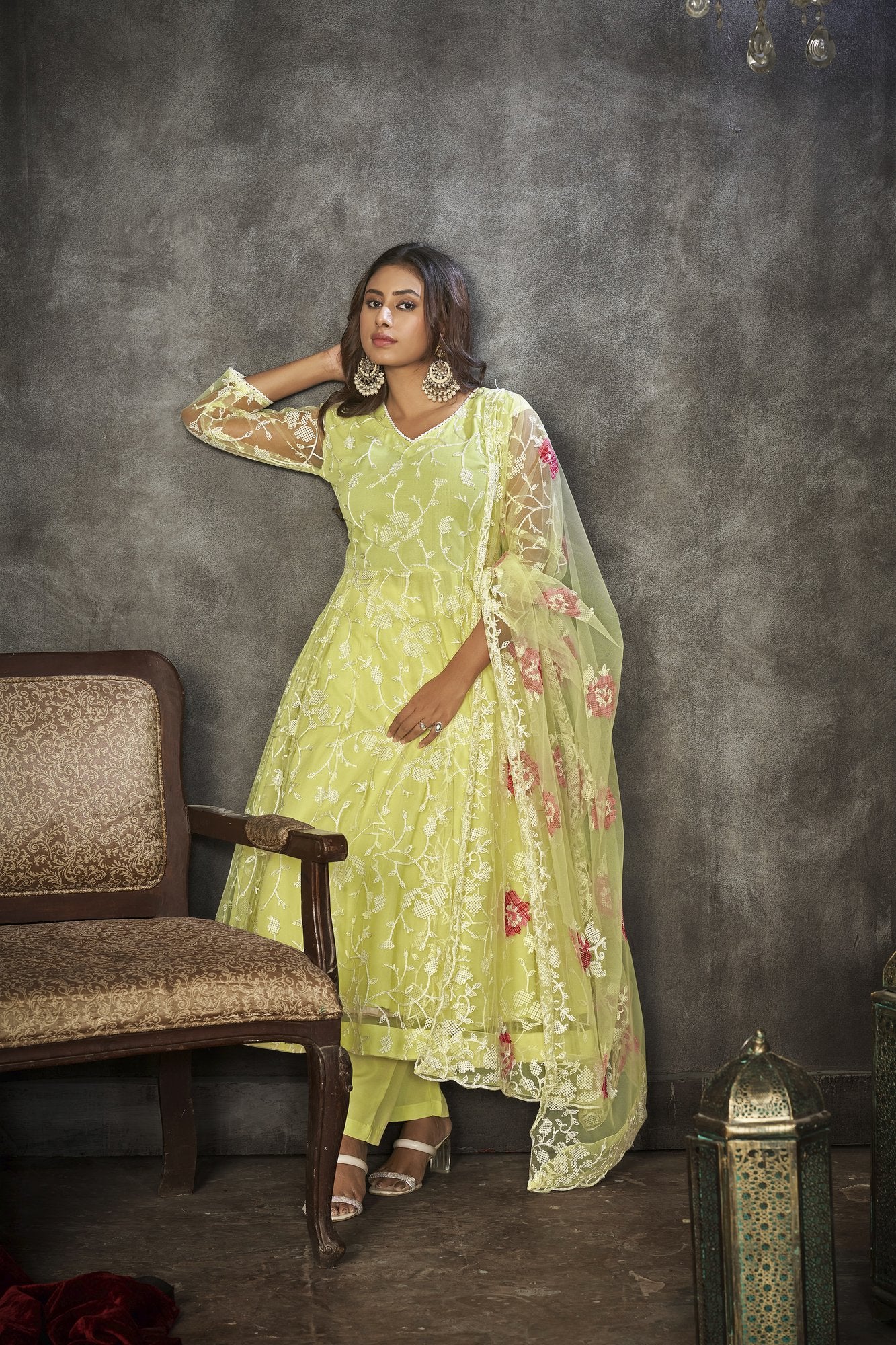 Yellow Net Anarkali Suit