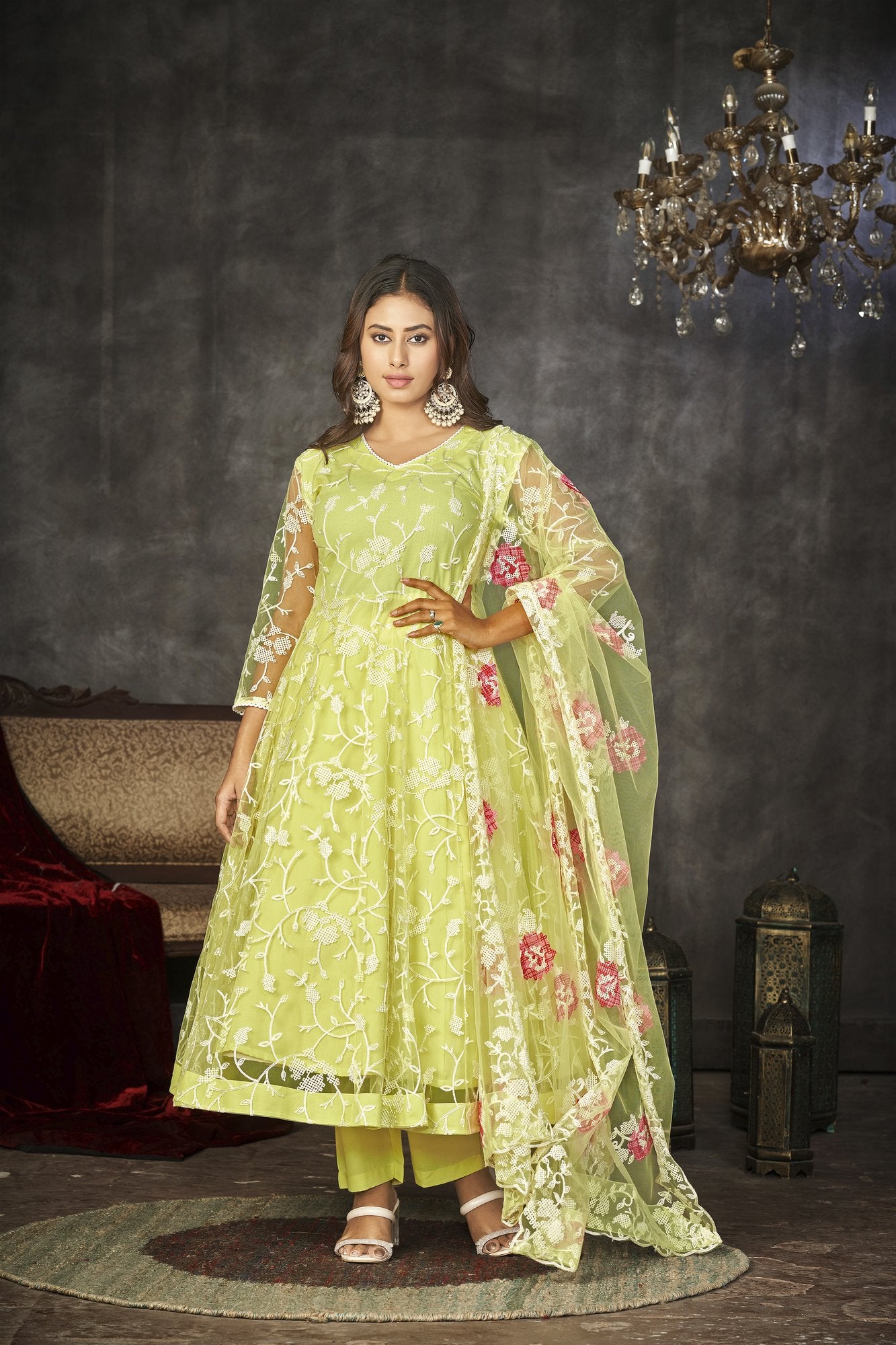 Yellow Net Anarkali Suit