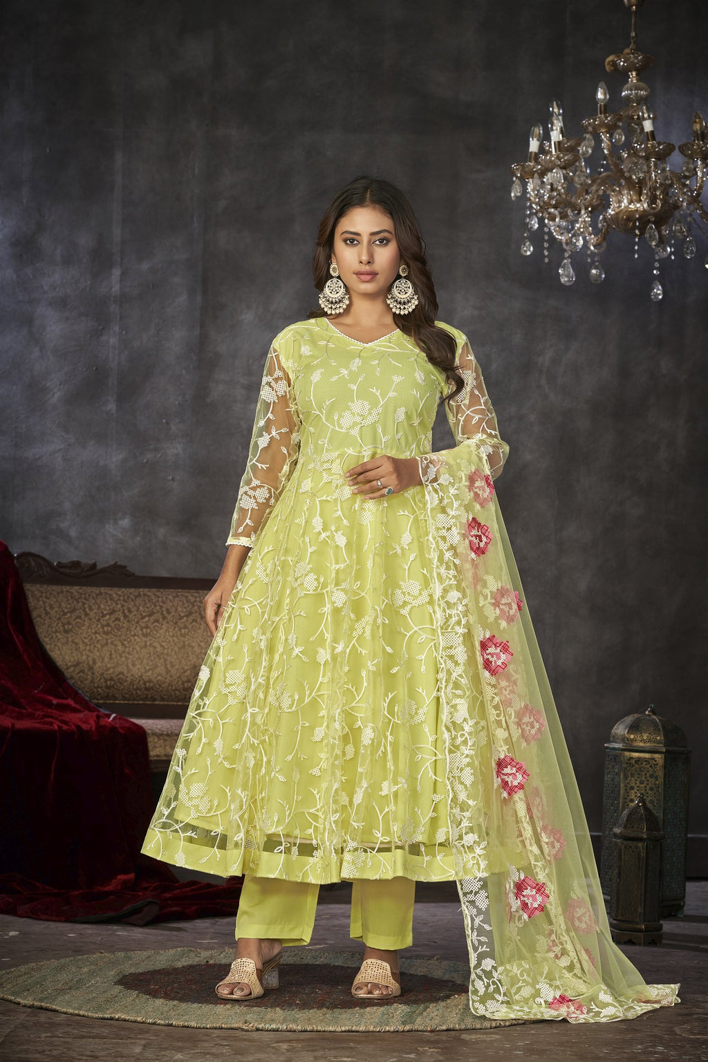 Yellow Net Anarkali Suit