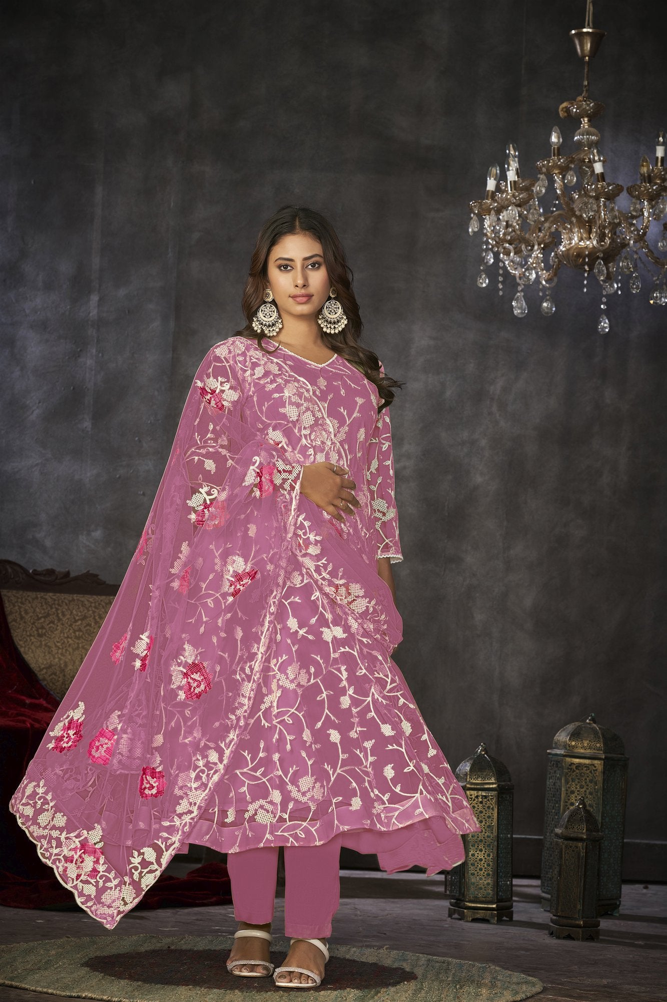 Pink Net Anarkali Suit