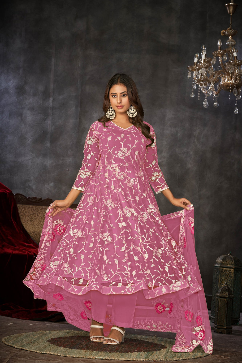 Pink Net Anarkali Suit