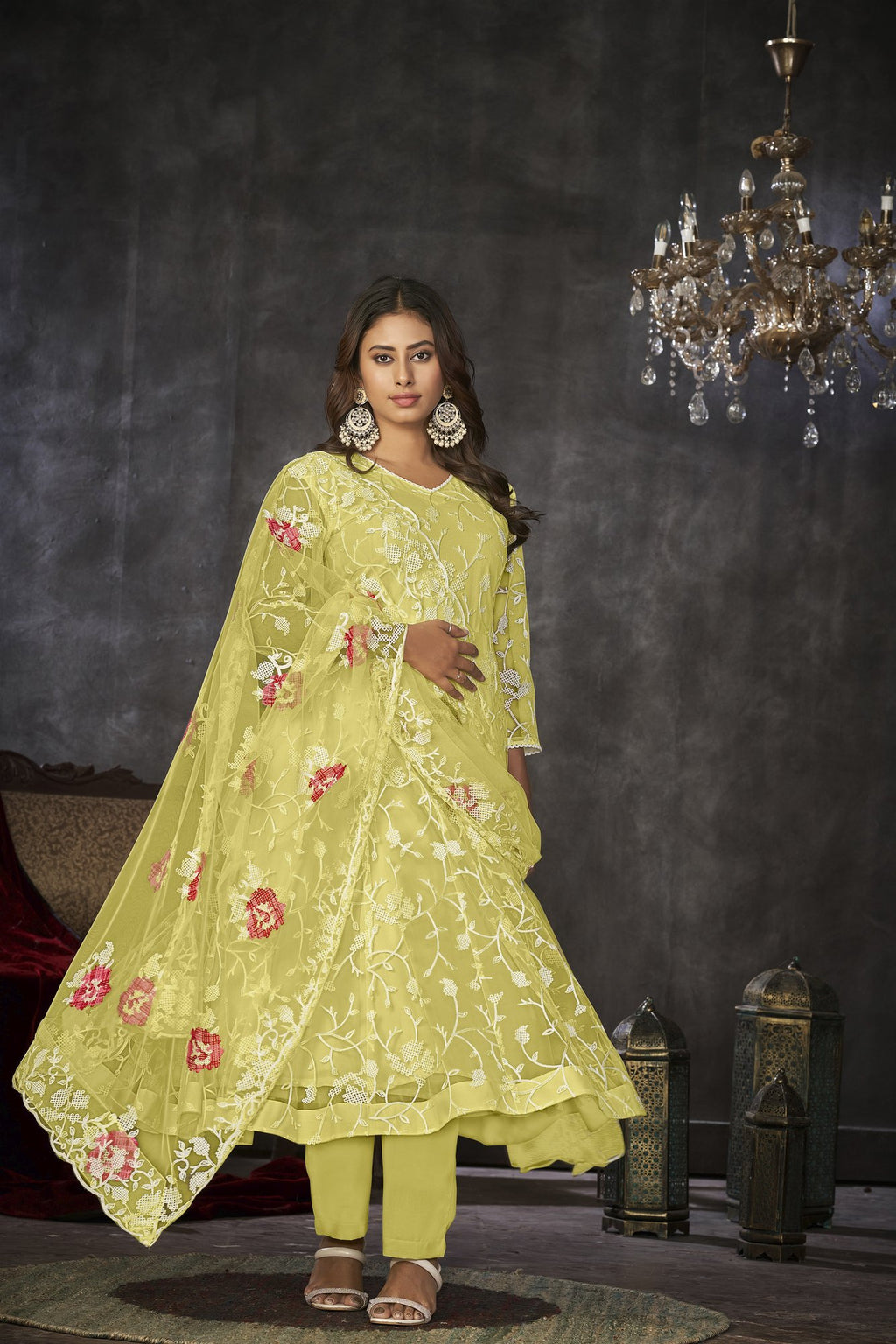 Yellow Net Anarkali Suit