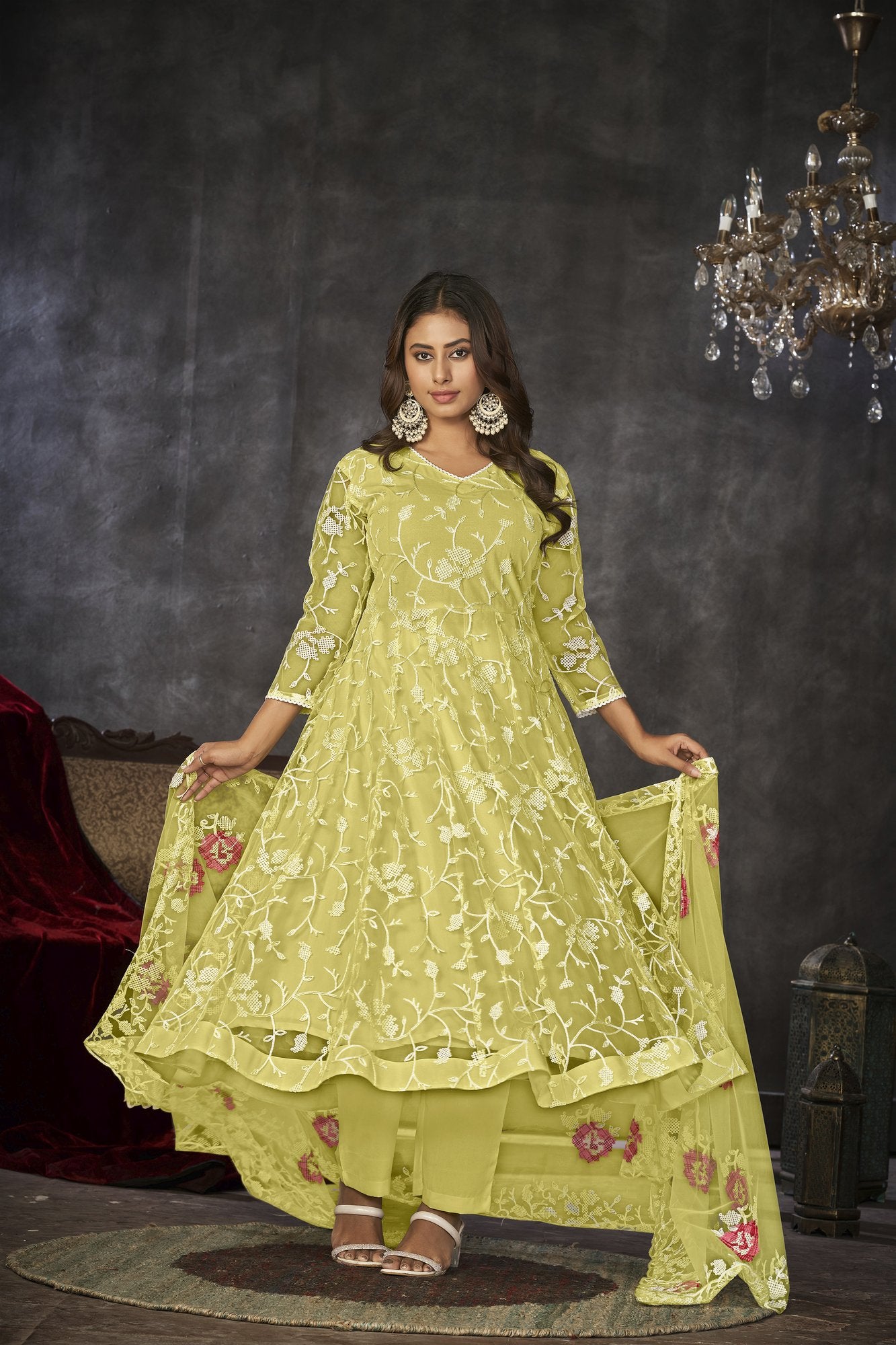 Yellow Net Anarkali Suit