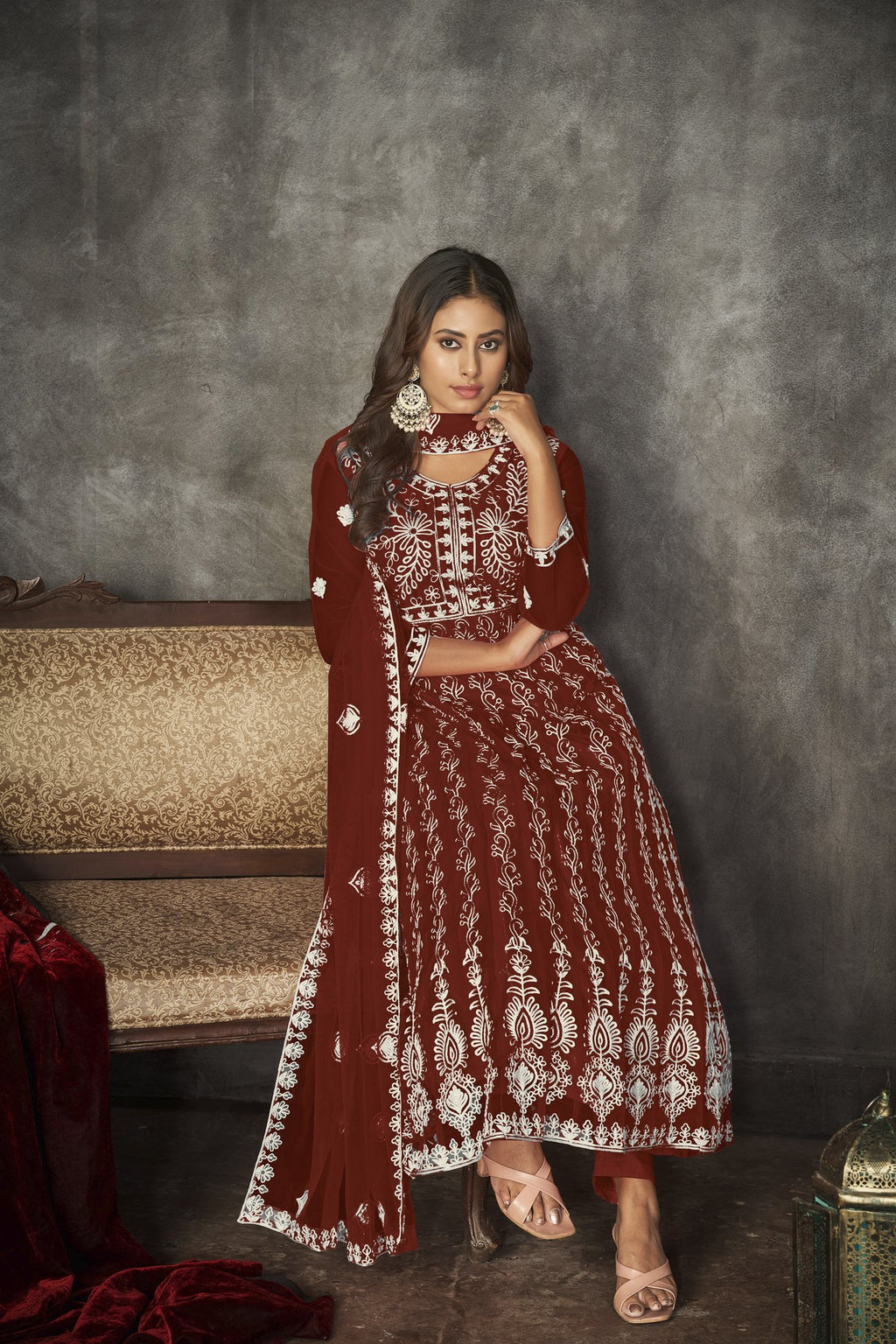 Maroon Net Anarkali Suit