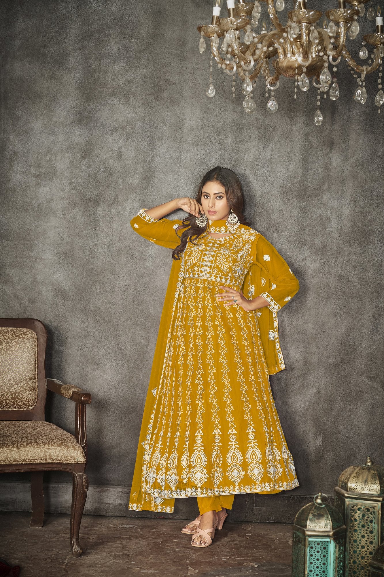 Yellow Net Anarkali Suit