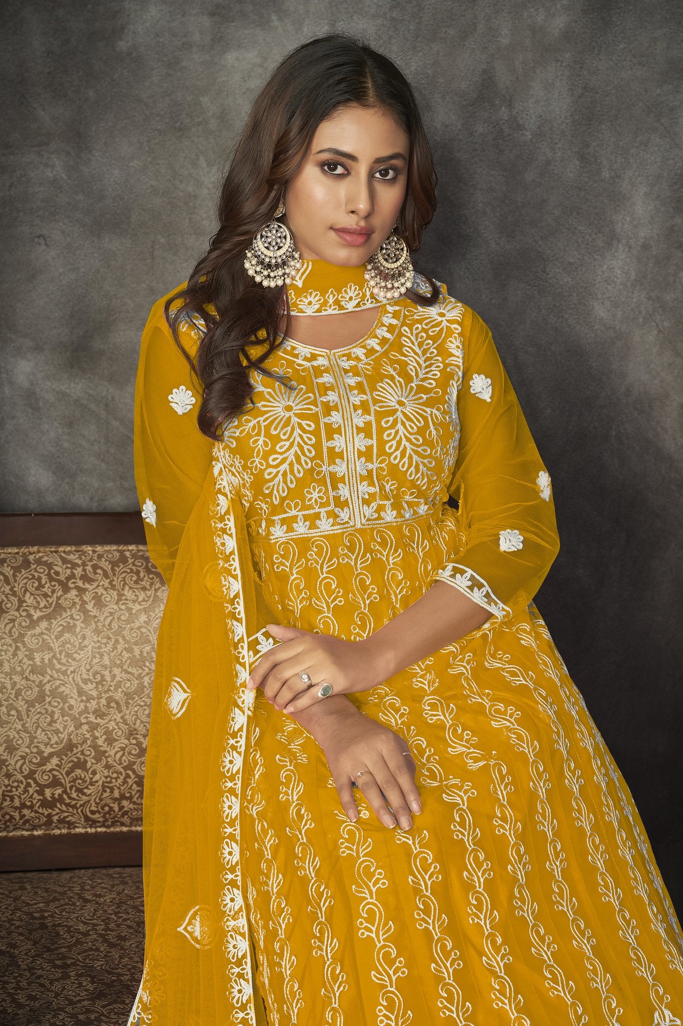 Yellow Net Anarkali Suit