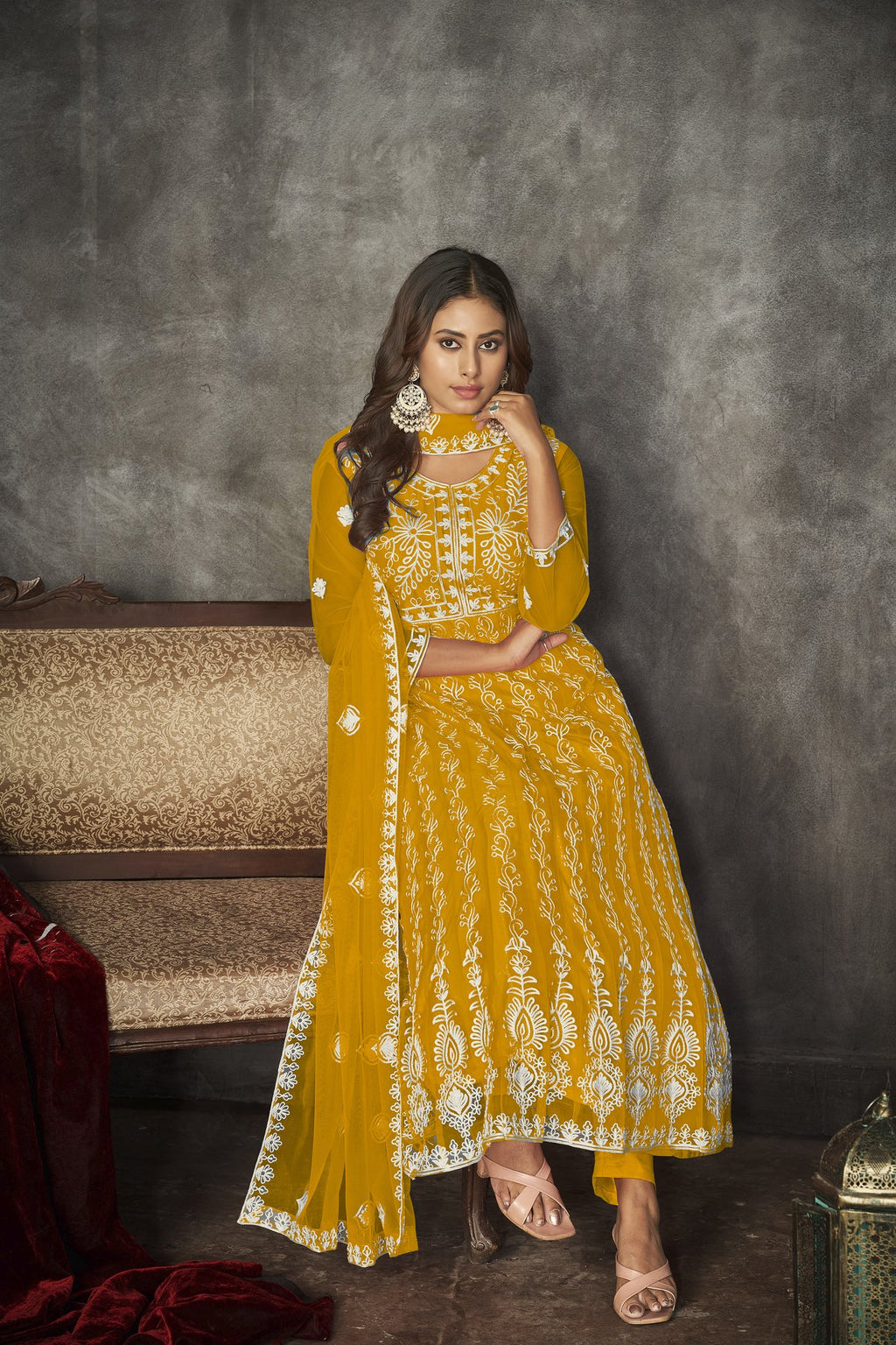 Yellow Net Anarkali Suit