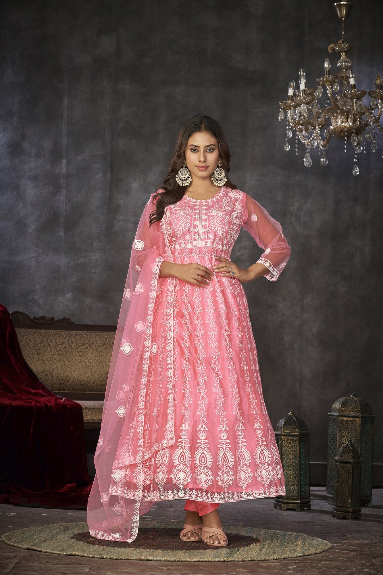 Peach Net Anarkali Suit