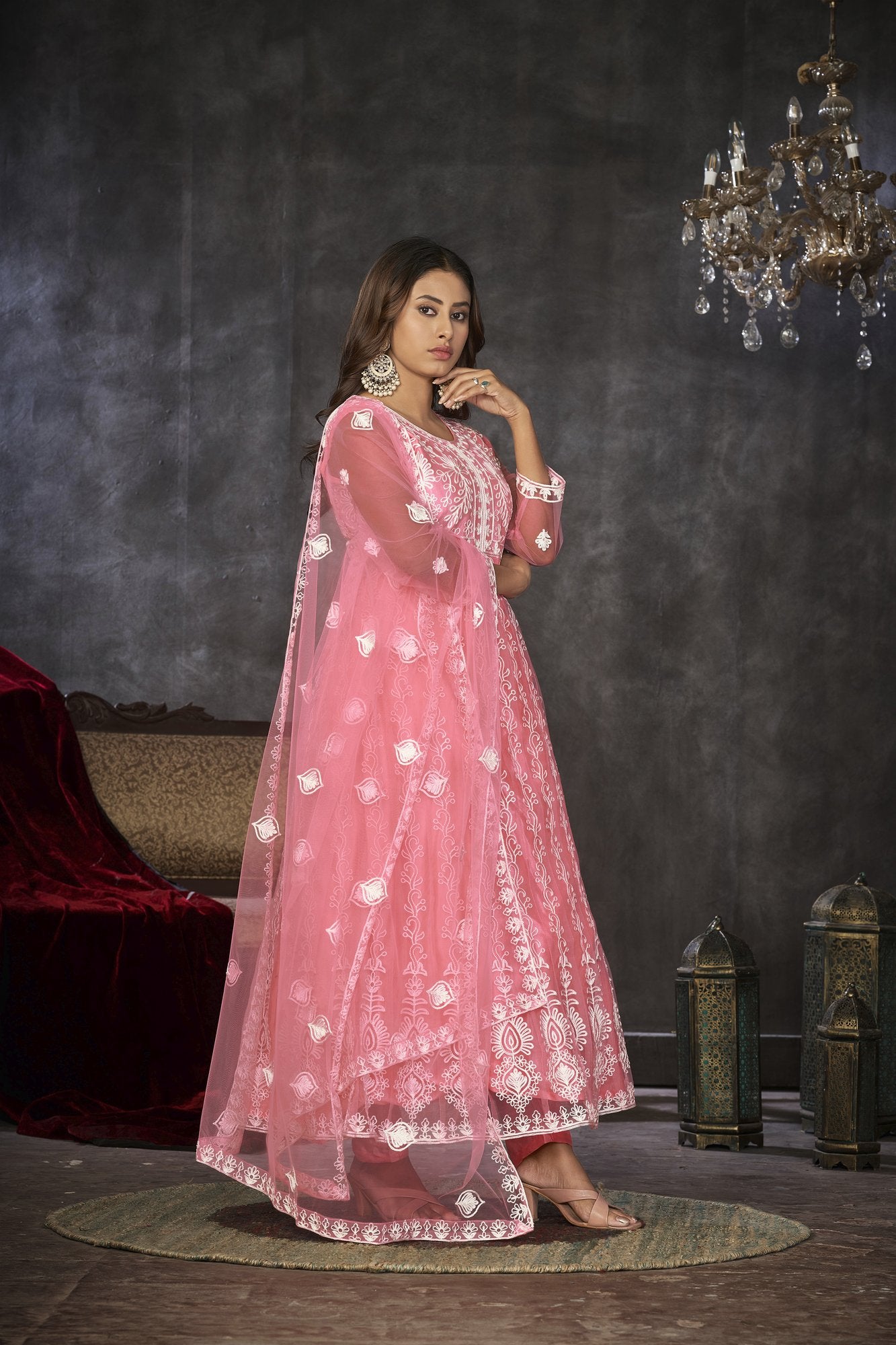 Peach Net Anarkali Suit