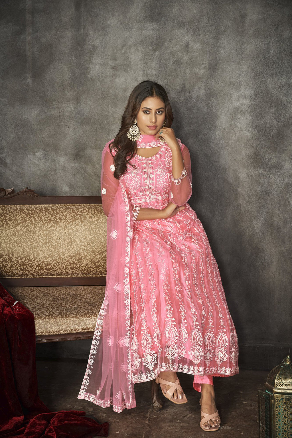 Peach Net Anarkali Suit