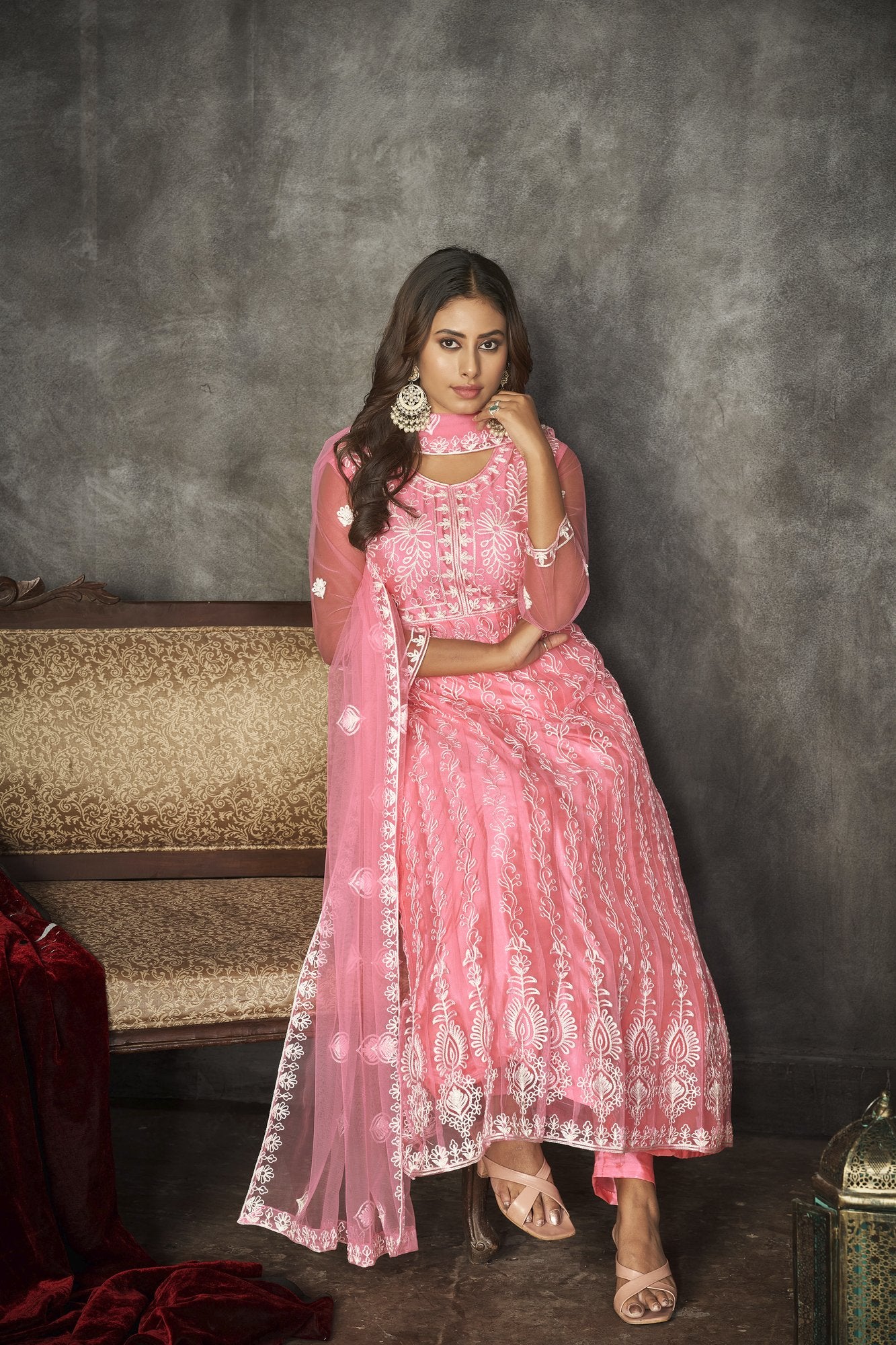 Peach Net Anarkali Suit
