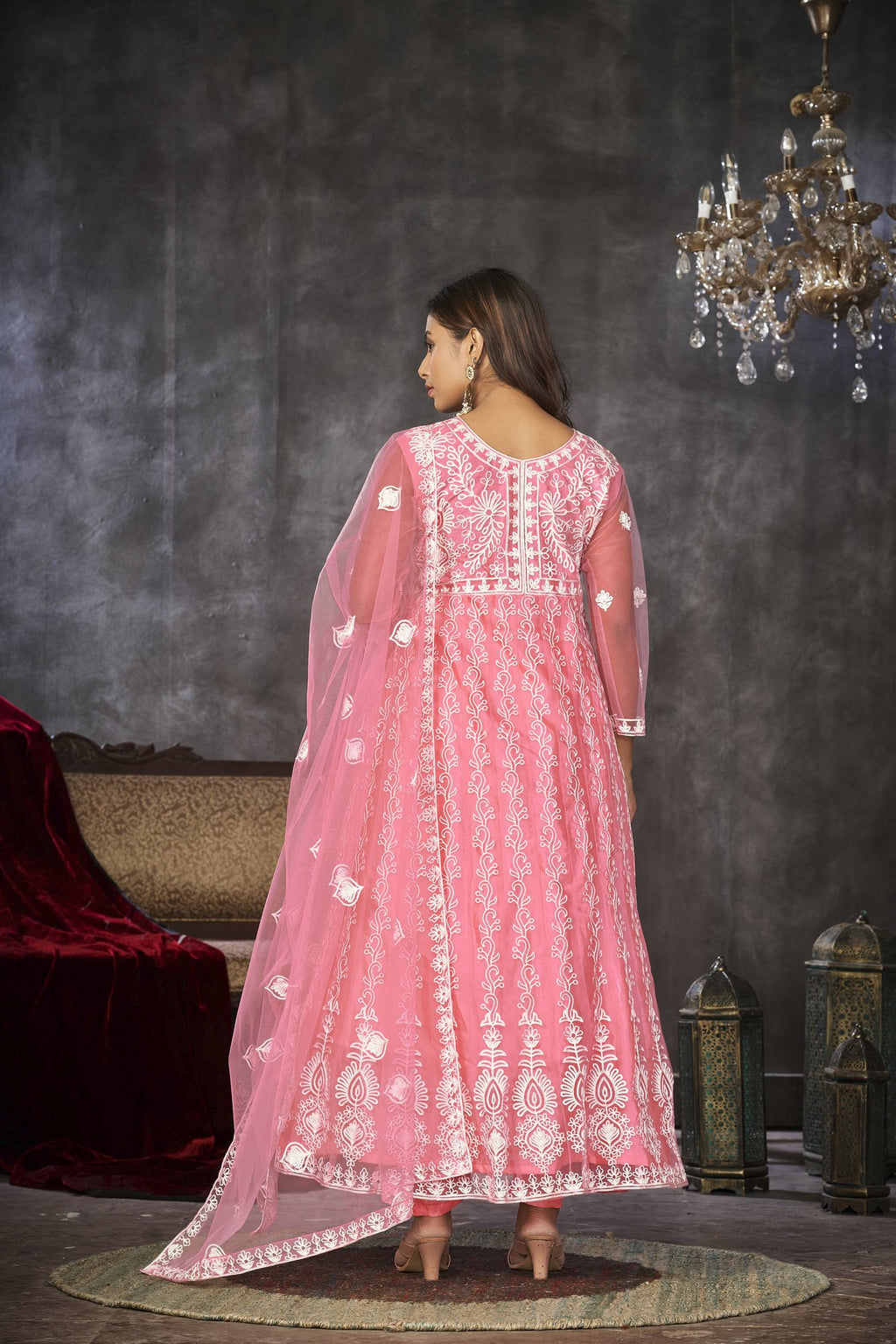 Peach Net Anarkali Suit