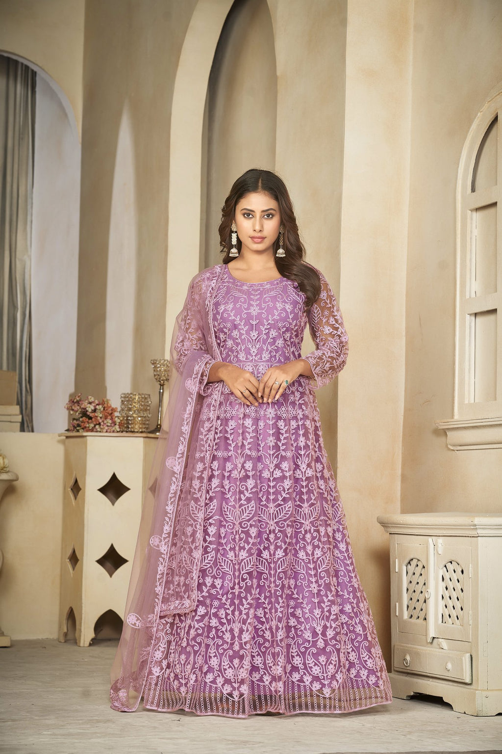 Light Purple Net Anarkali Suit