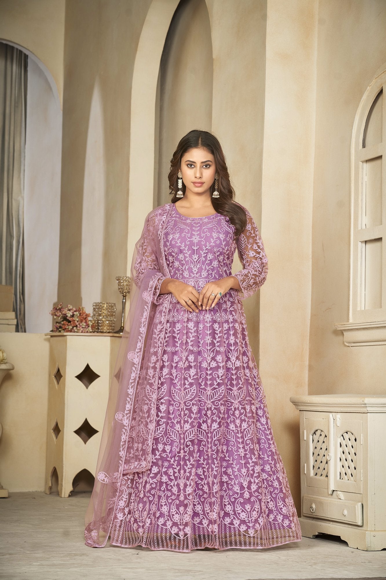 Light Purple Net Anarkali Suit